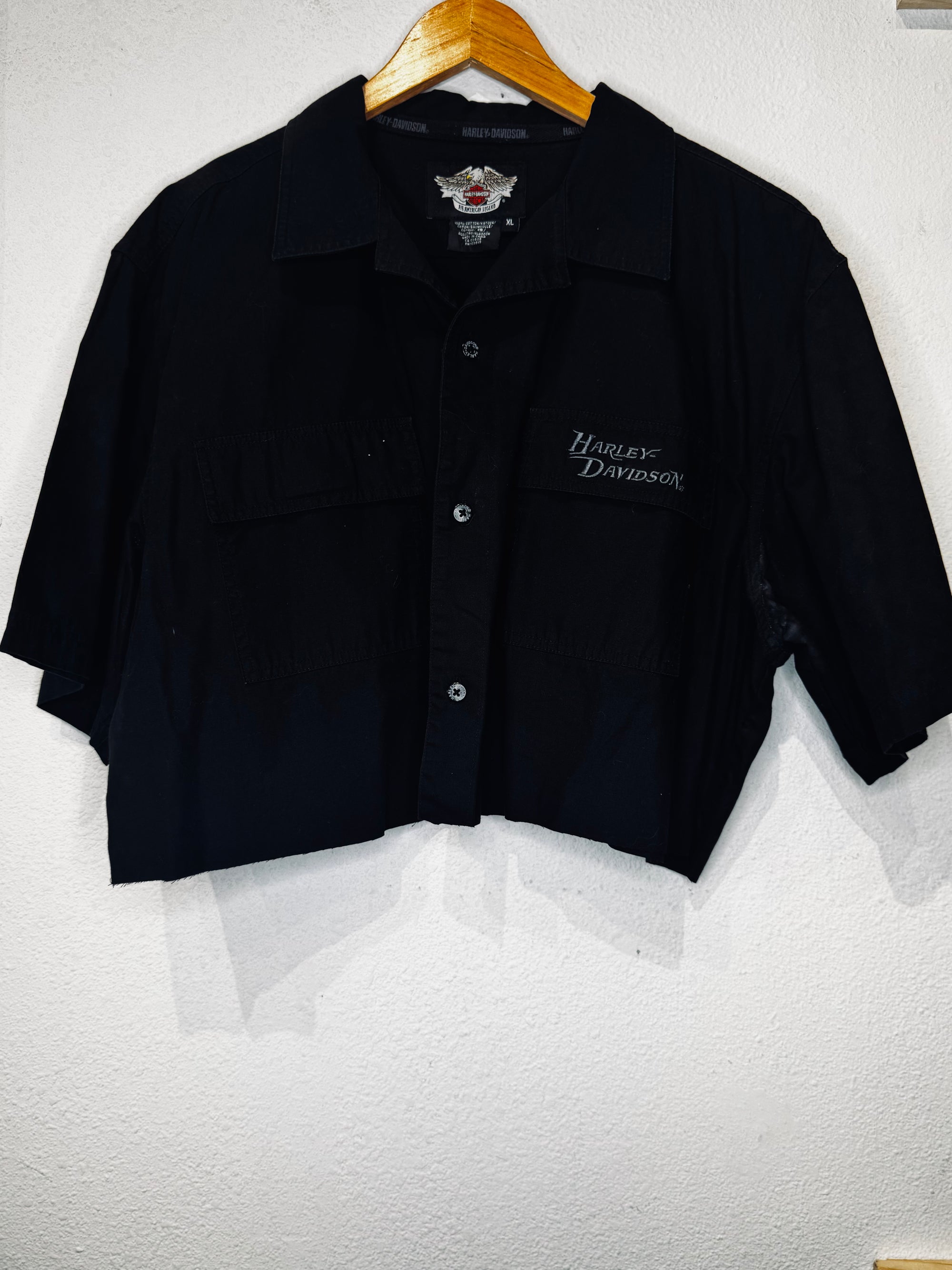 Pockets Harley Button Vintage Crop Short Sleeve