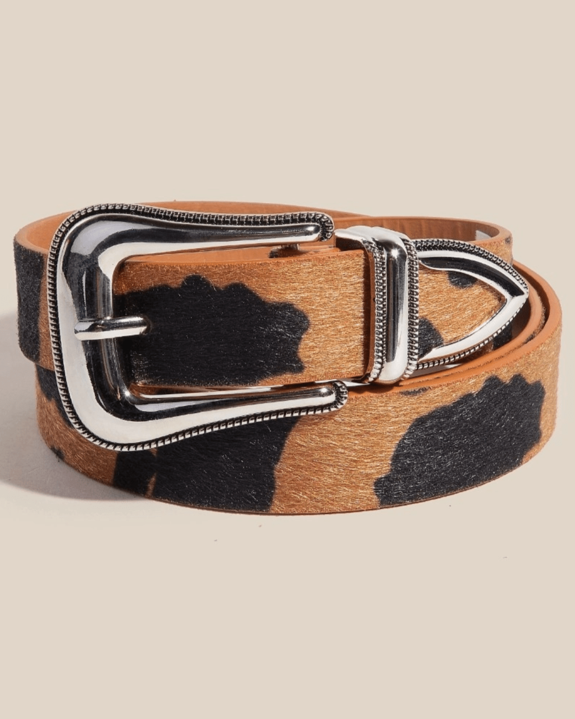 Etched Buckle Cow Print Belt - Burnout