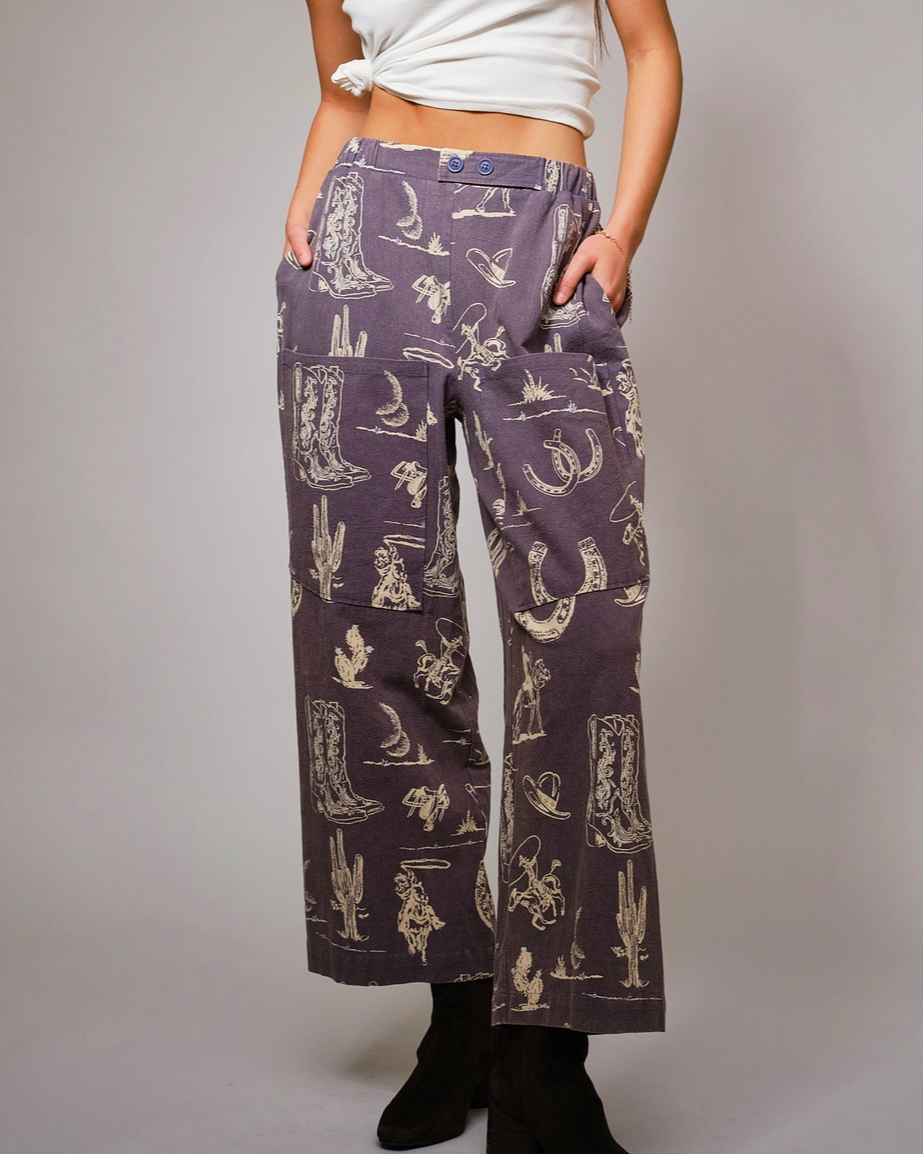 Western Print Wide Leg Pant