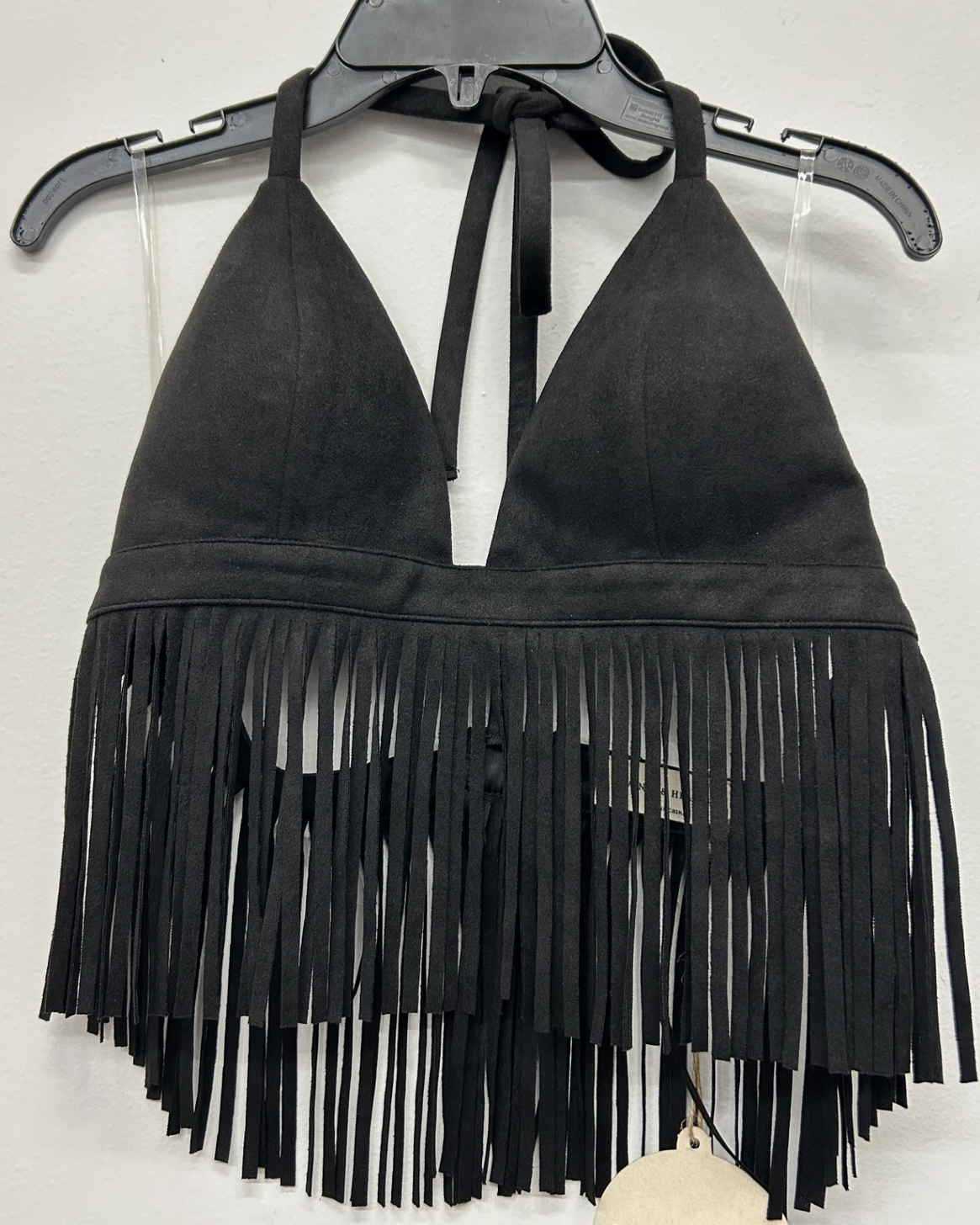 Suede Fringe Halter Top - Black