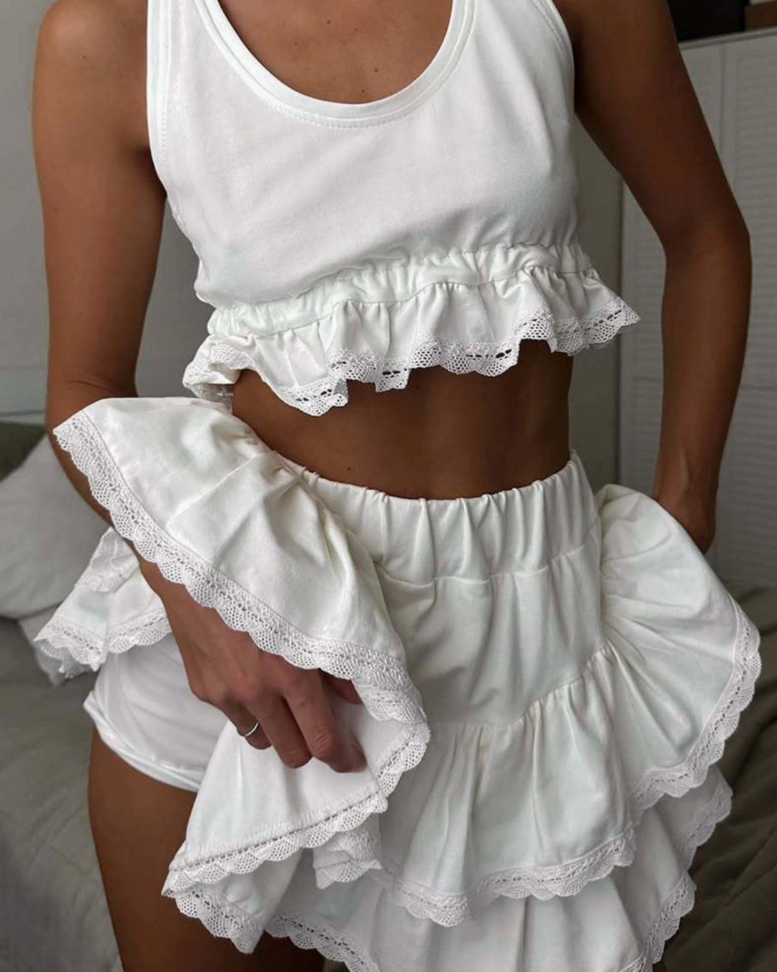 Ruffle Lace Trim Skirt Set