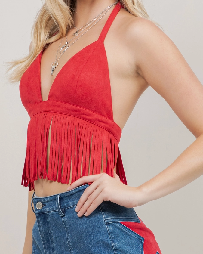 Suede Fringe Halter Top - Cherry
