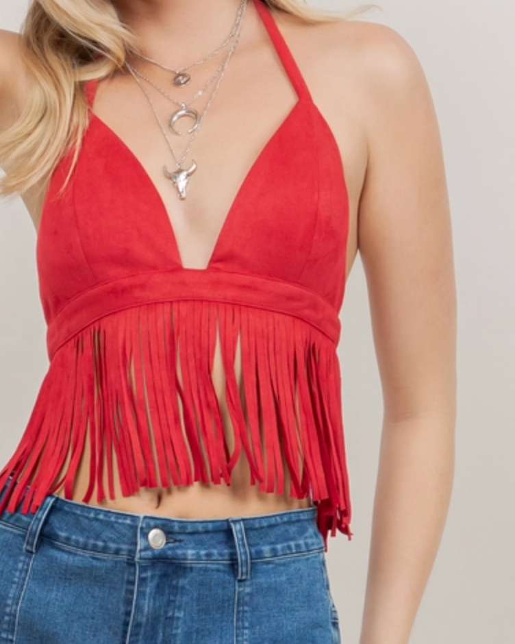 Suede Fringe Halter Top - Cherry