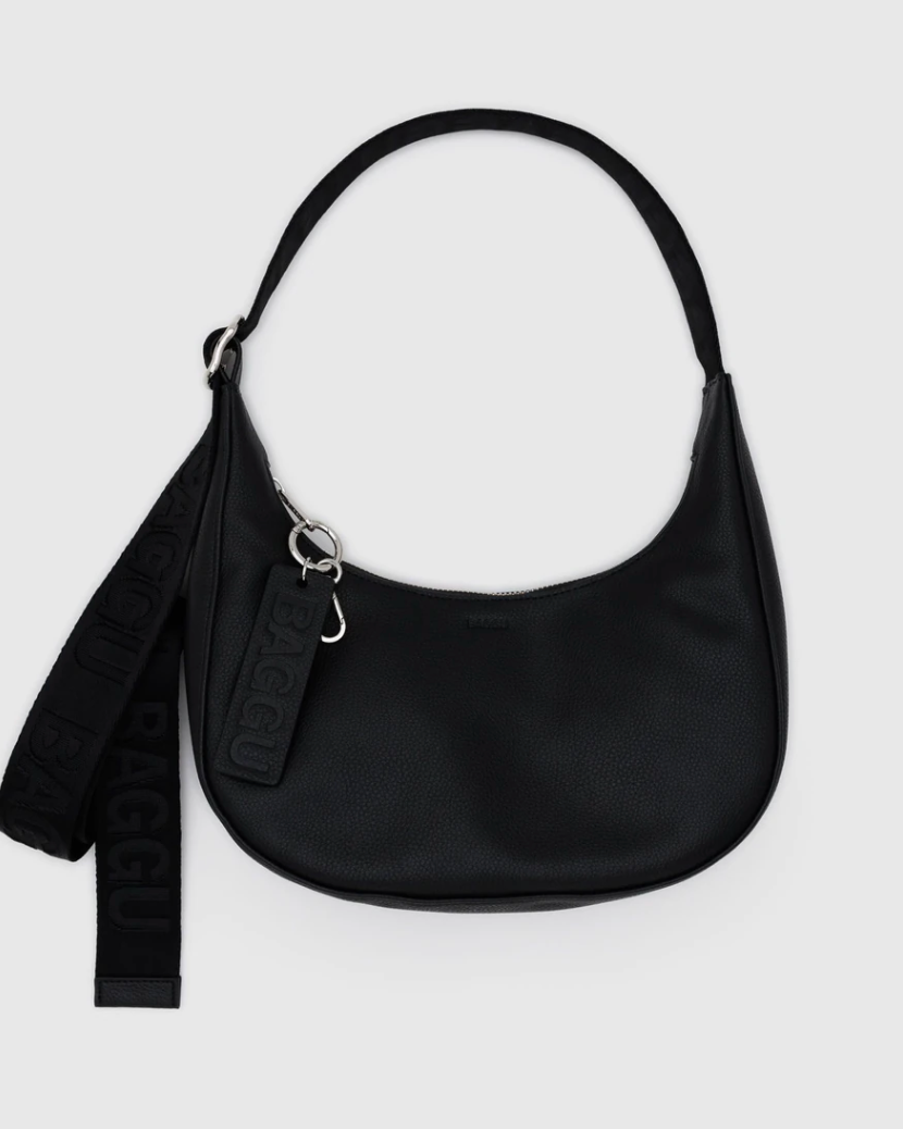 Small Recycled Leather Crescent Bag - Black