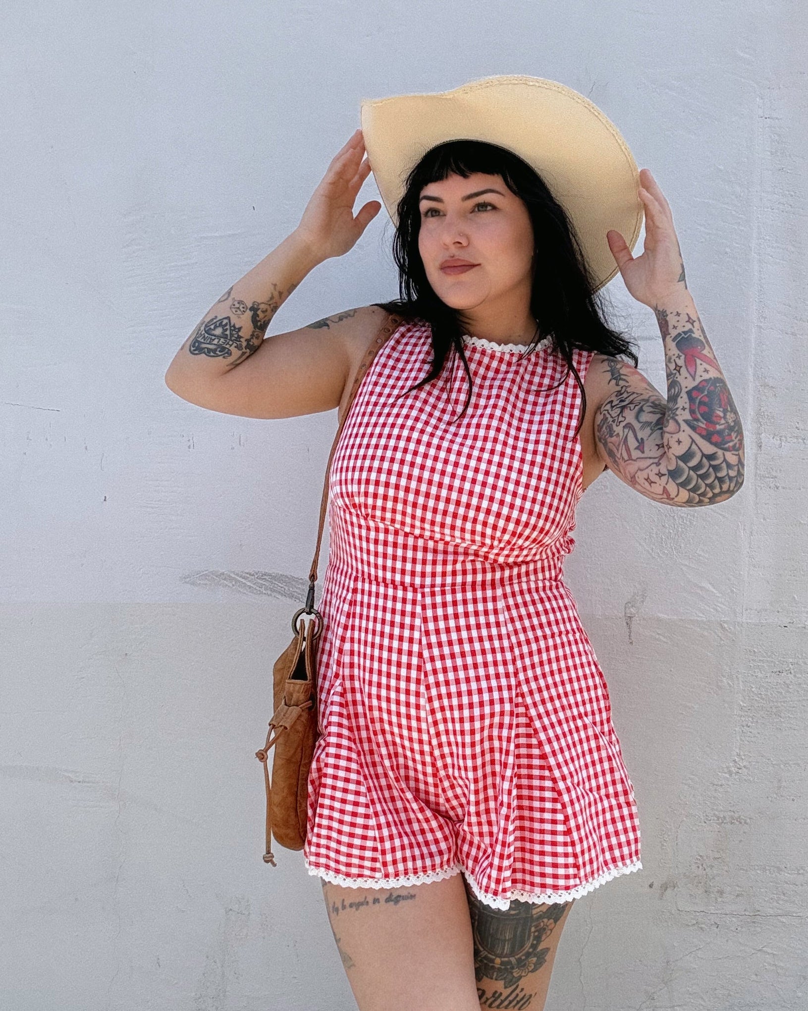 Lace Trim Gingham Romper