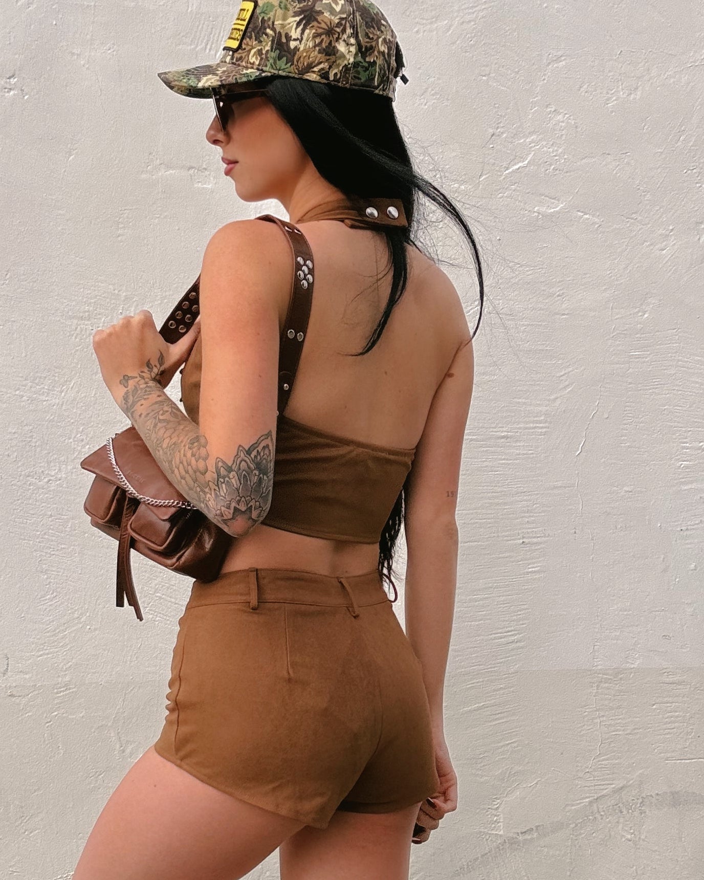 Lace Up Suede Shorts - Brown