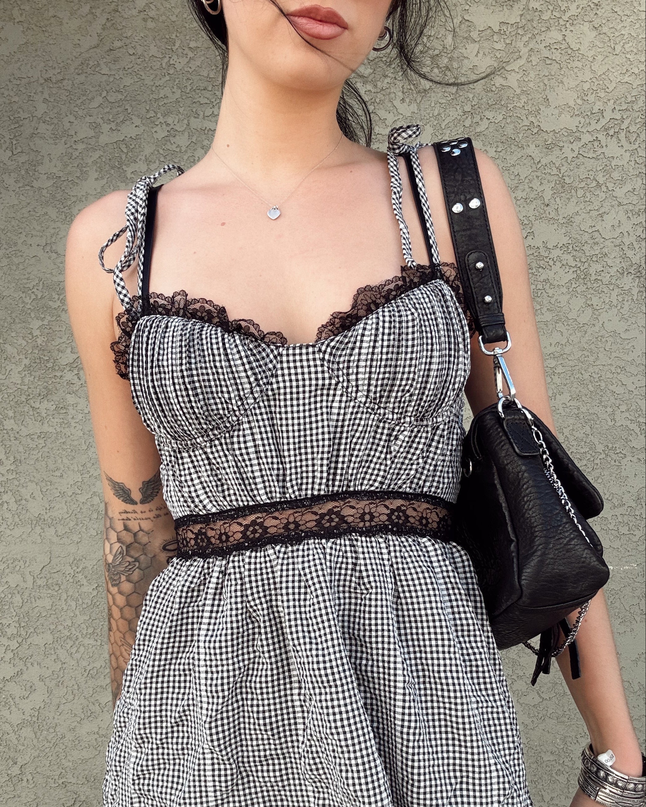 Lace Trim Gingham Mini Dress