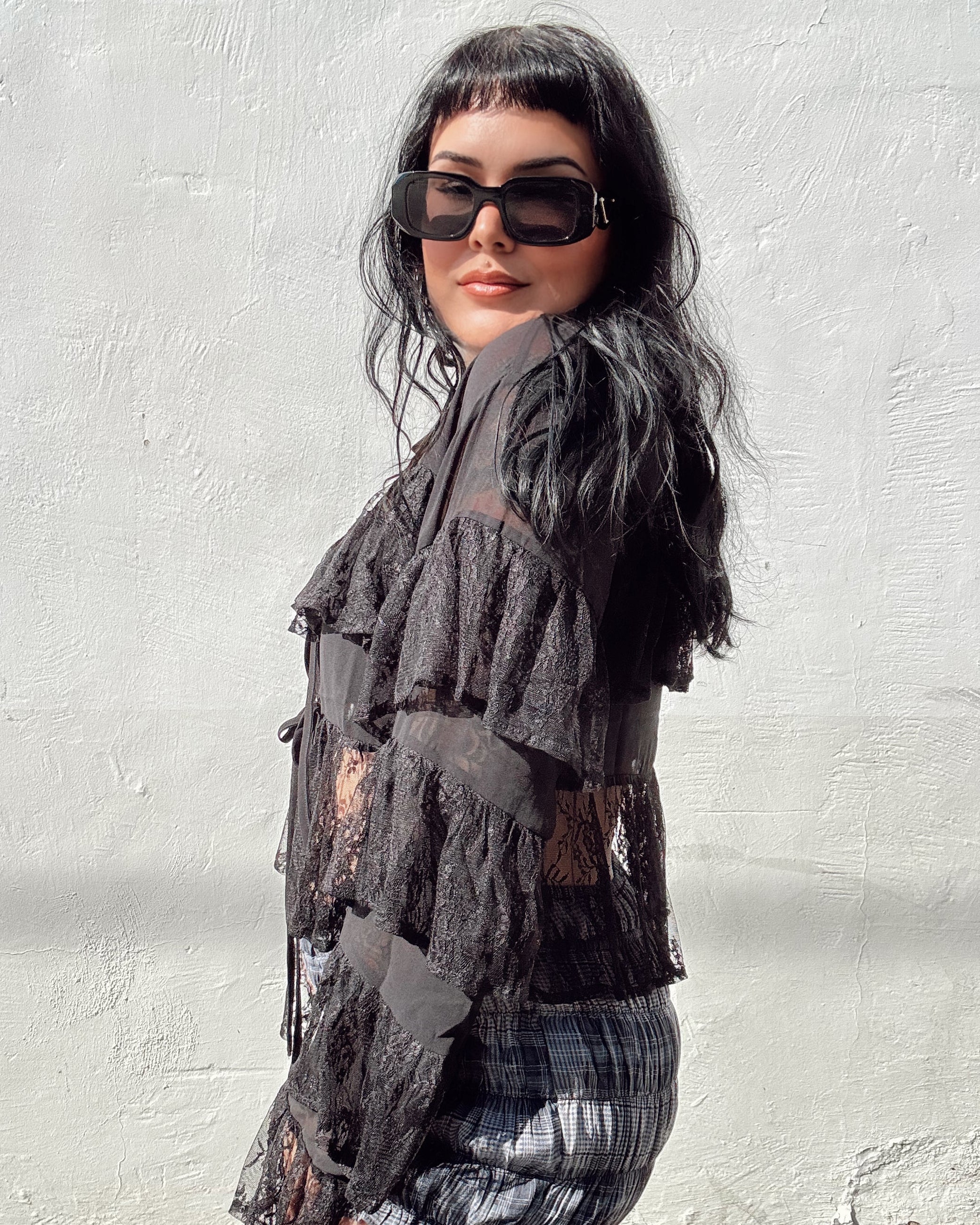 Ruffle Lace Long Sleeve Top - Black