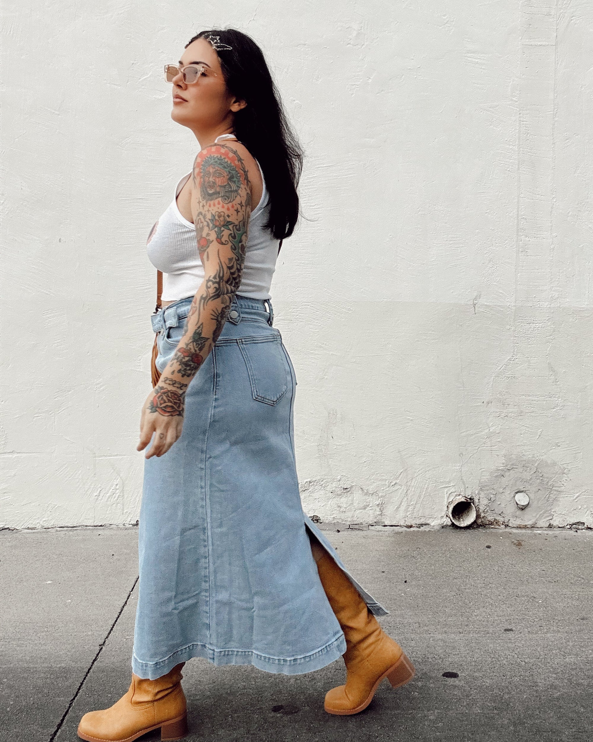 Denim Button Midi Skirt