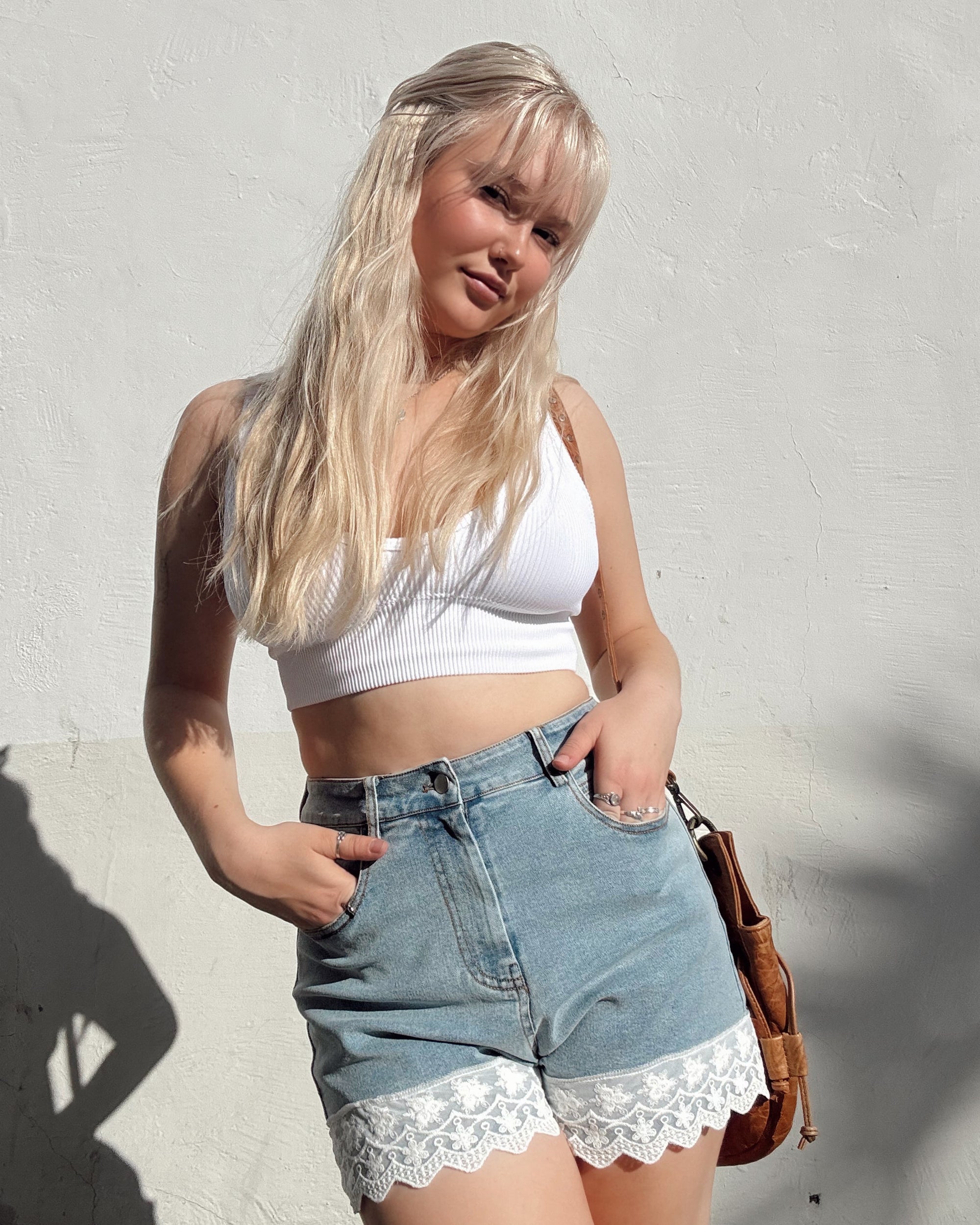 Lace Trim Denim Shorts