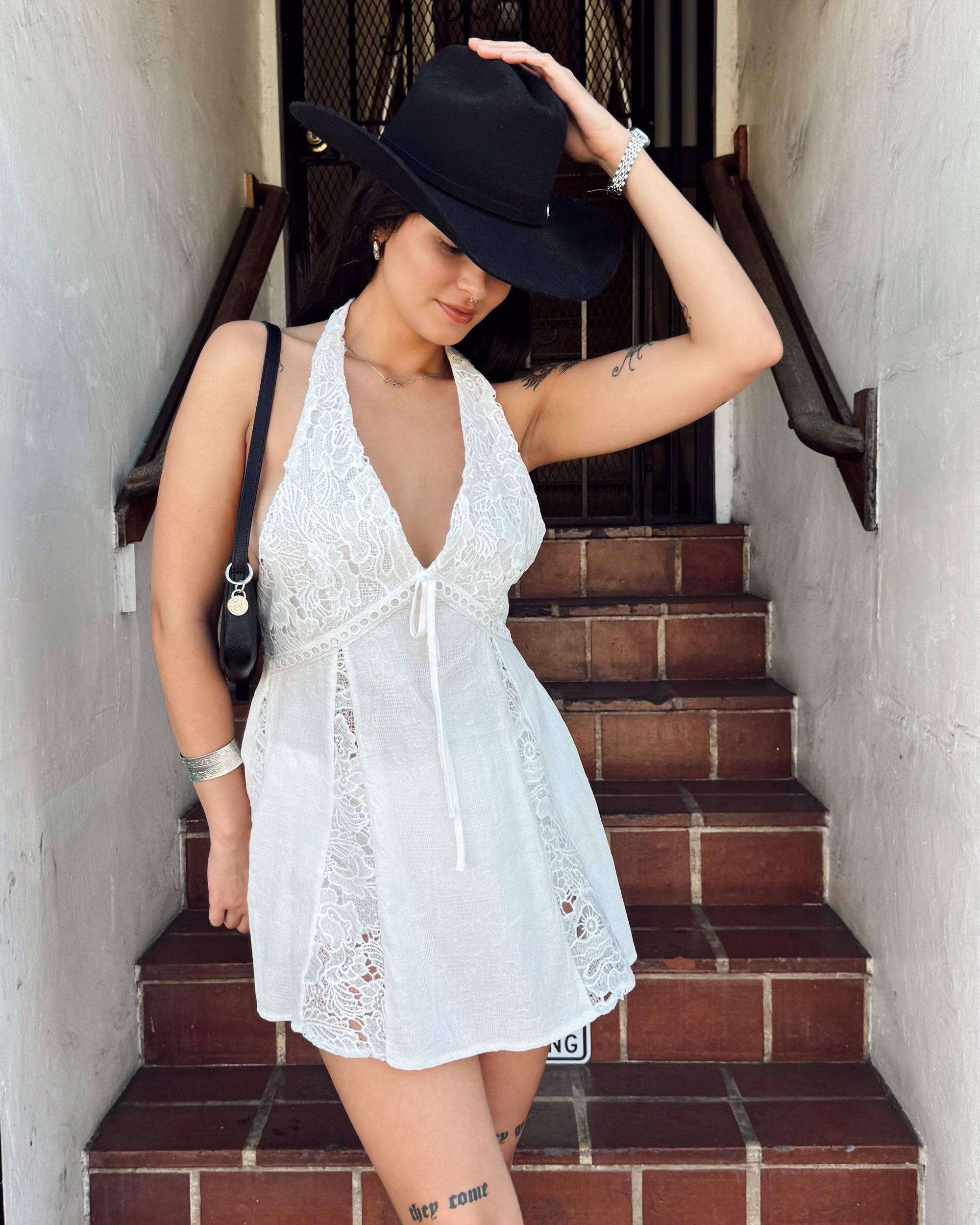 Lace Trim Halter Mini Dress