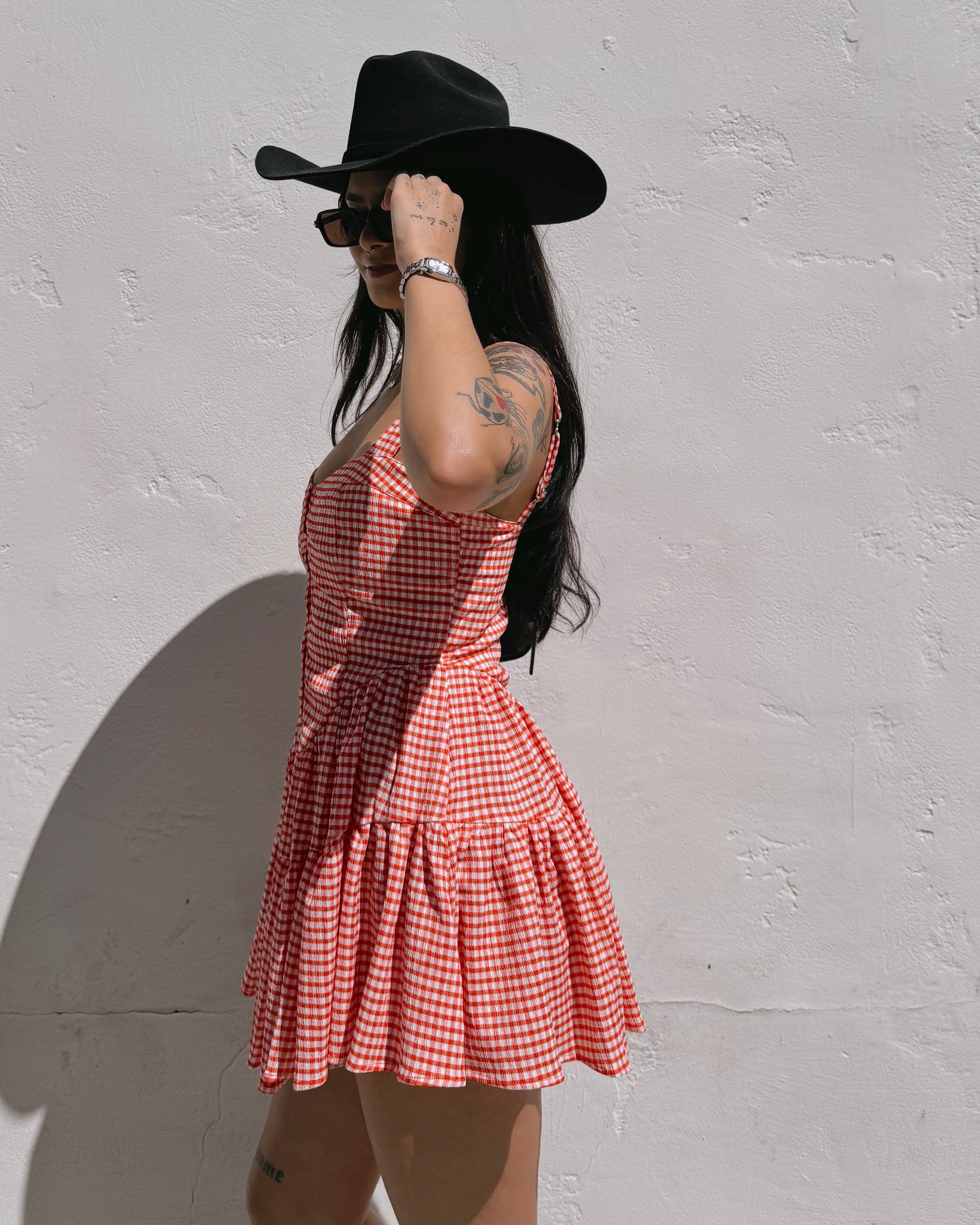 Gingham Romper Dress - Red