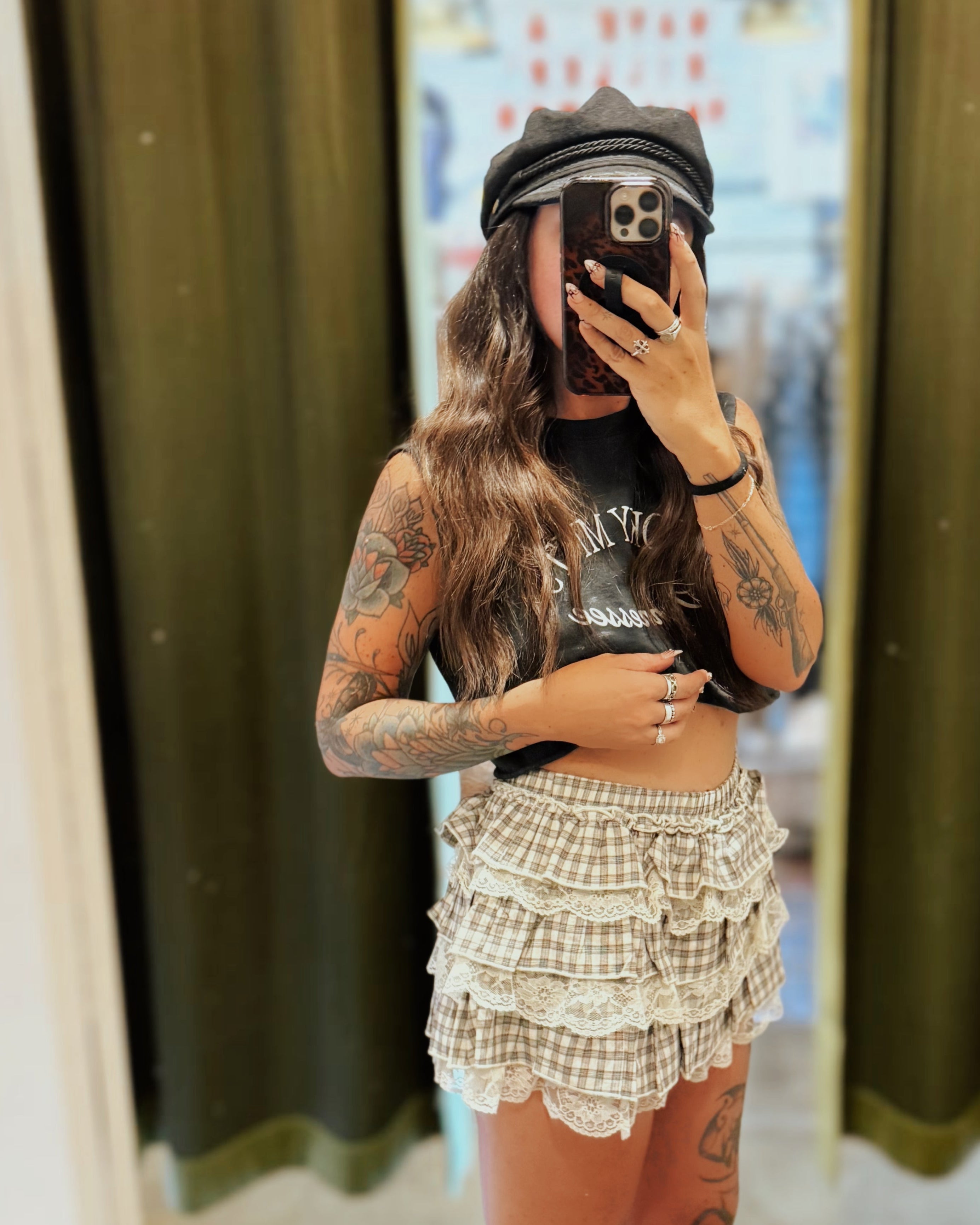 Tiered Ruffle Plaid Mini Skort - Cream