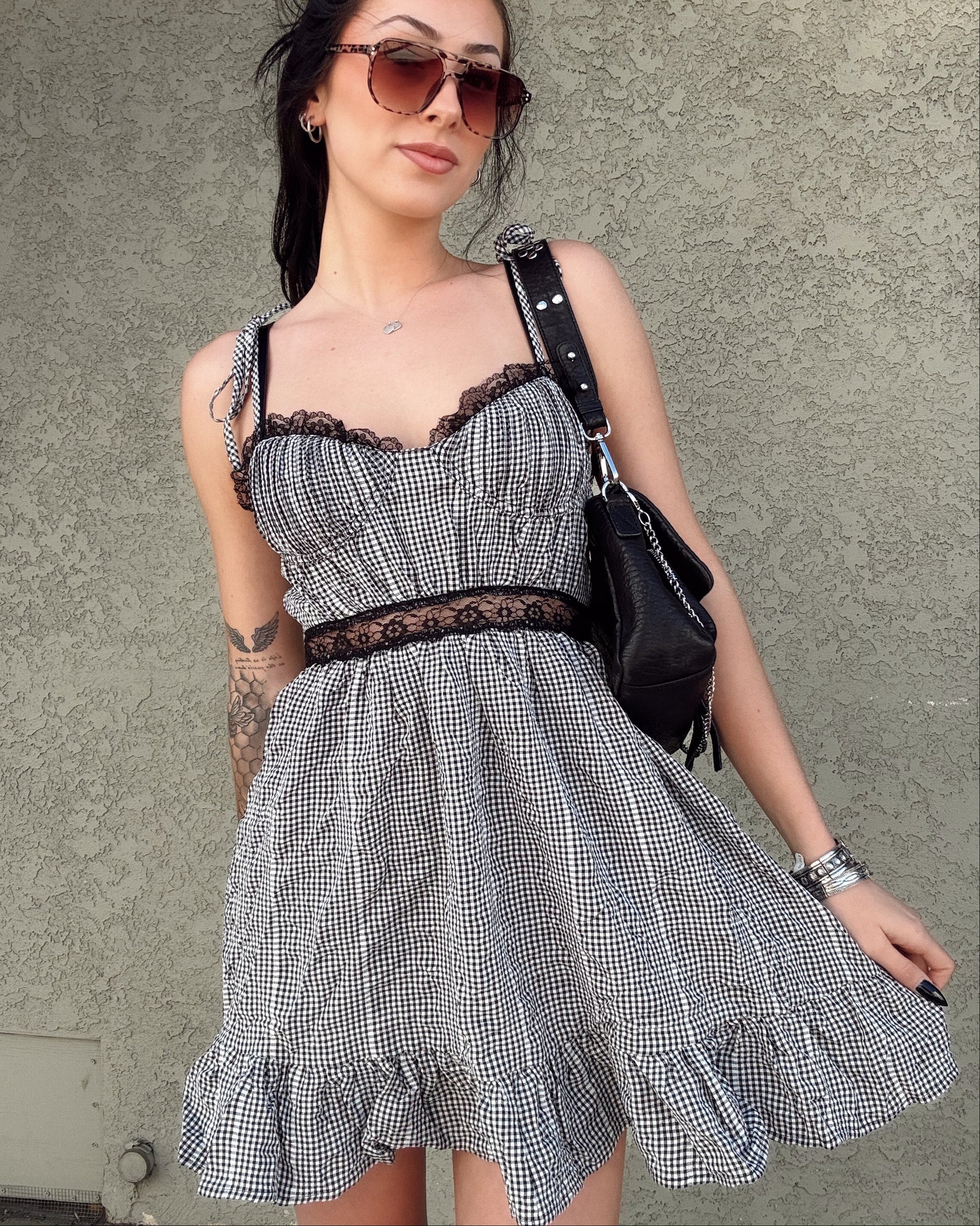 Lace Trim Gingham Mini Dress
