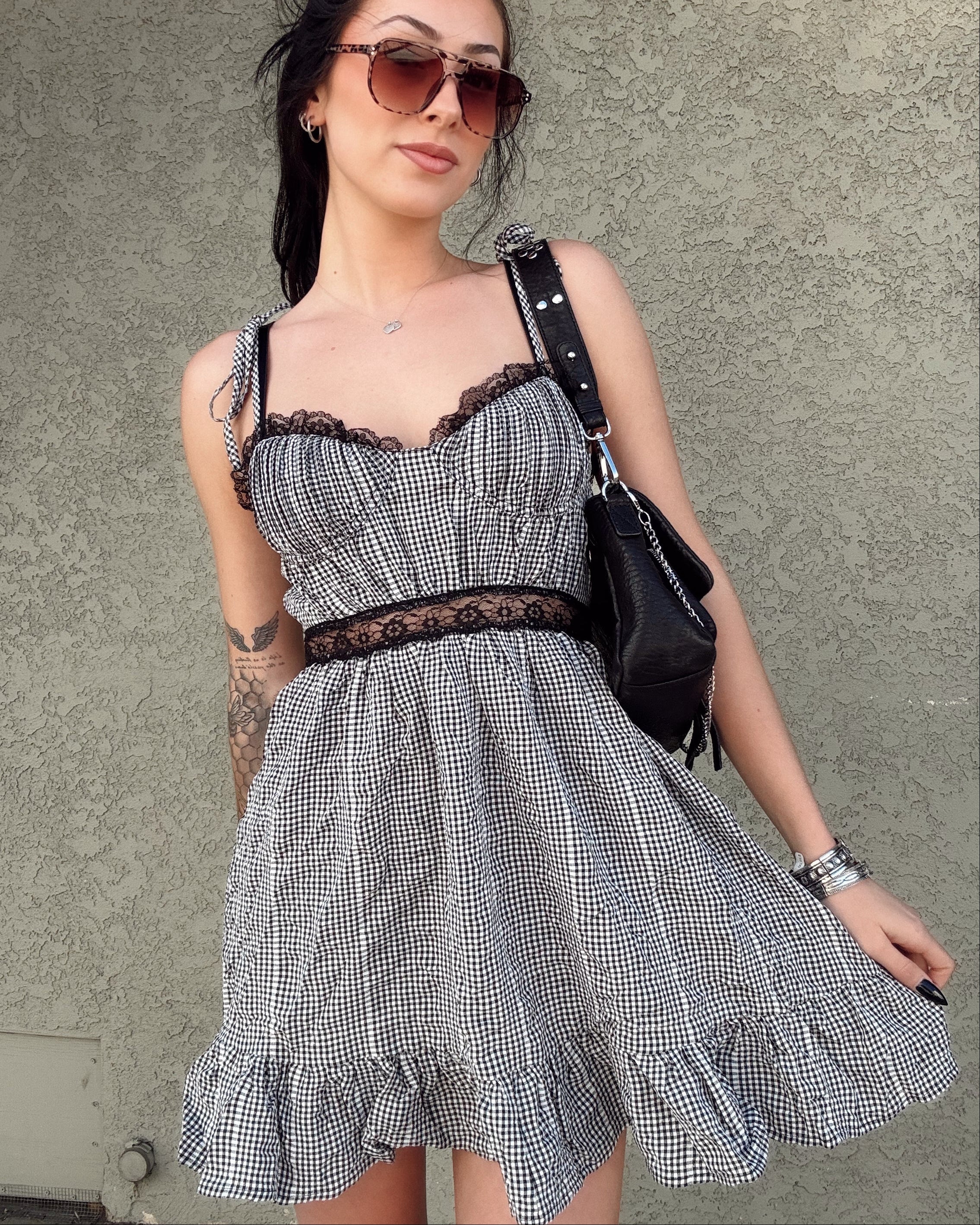 Lace Trim Gingham Mini Dress