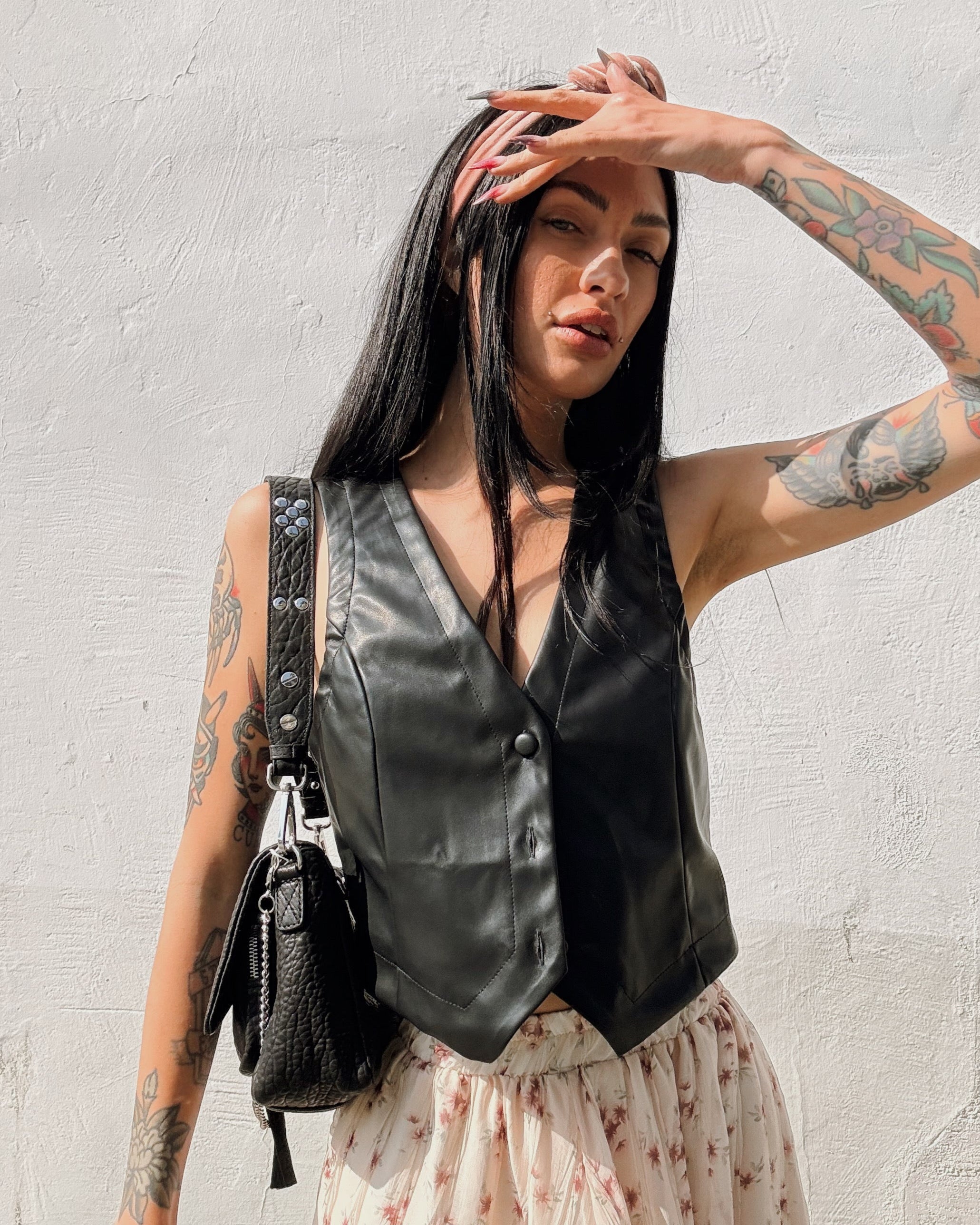 Leather Vest - Black - Burnout