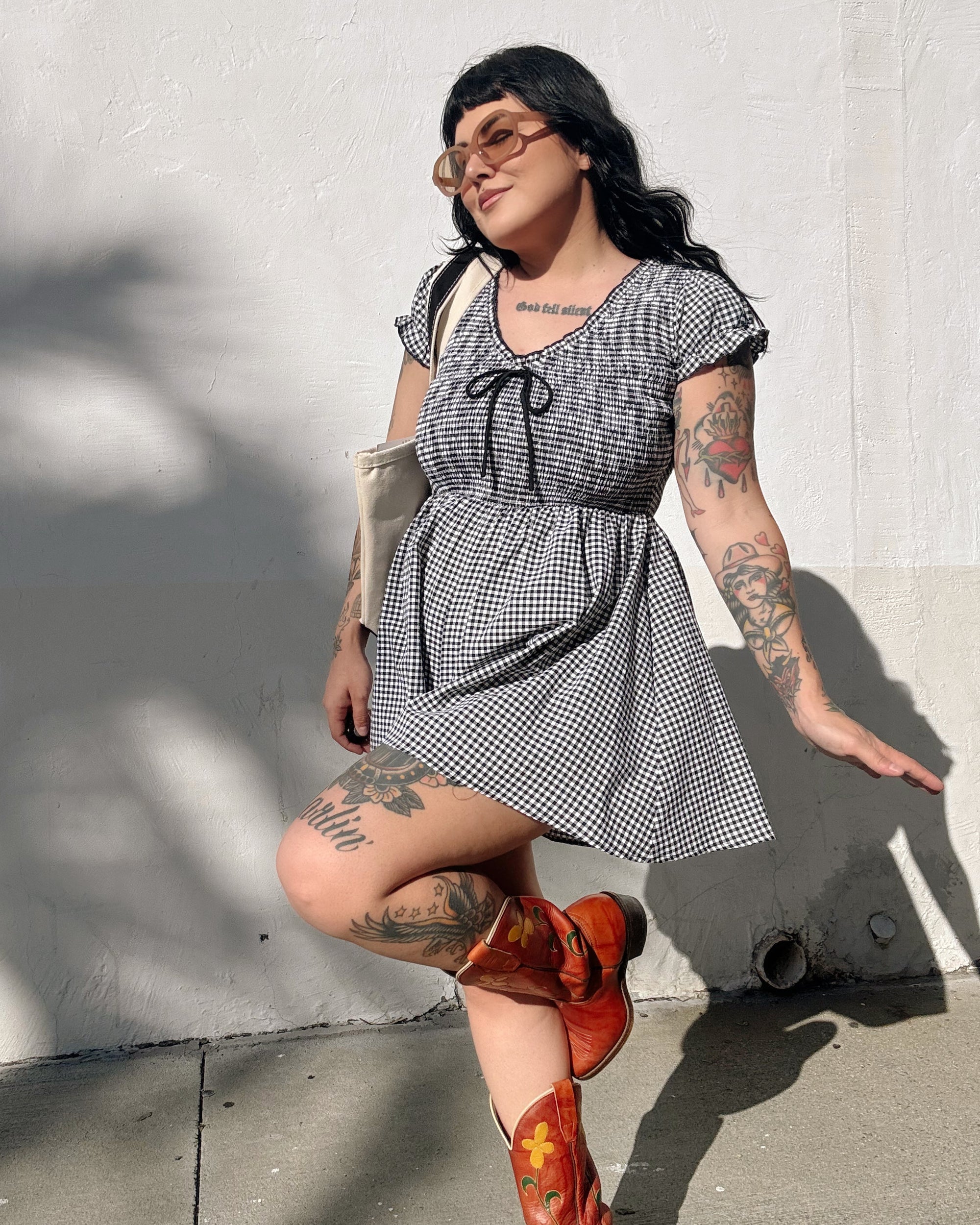 Gingham Shirred Romper - Black