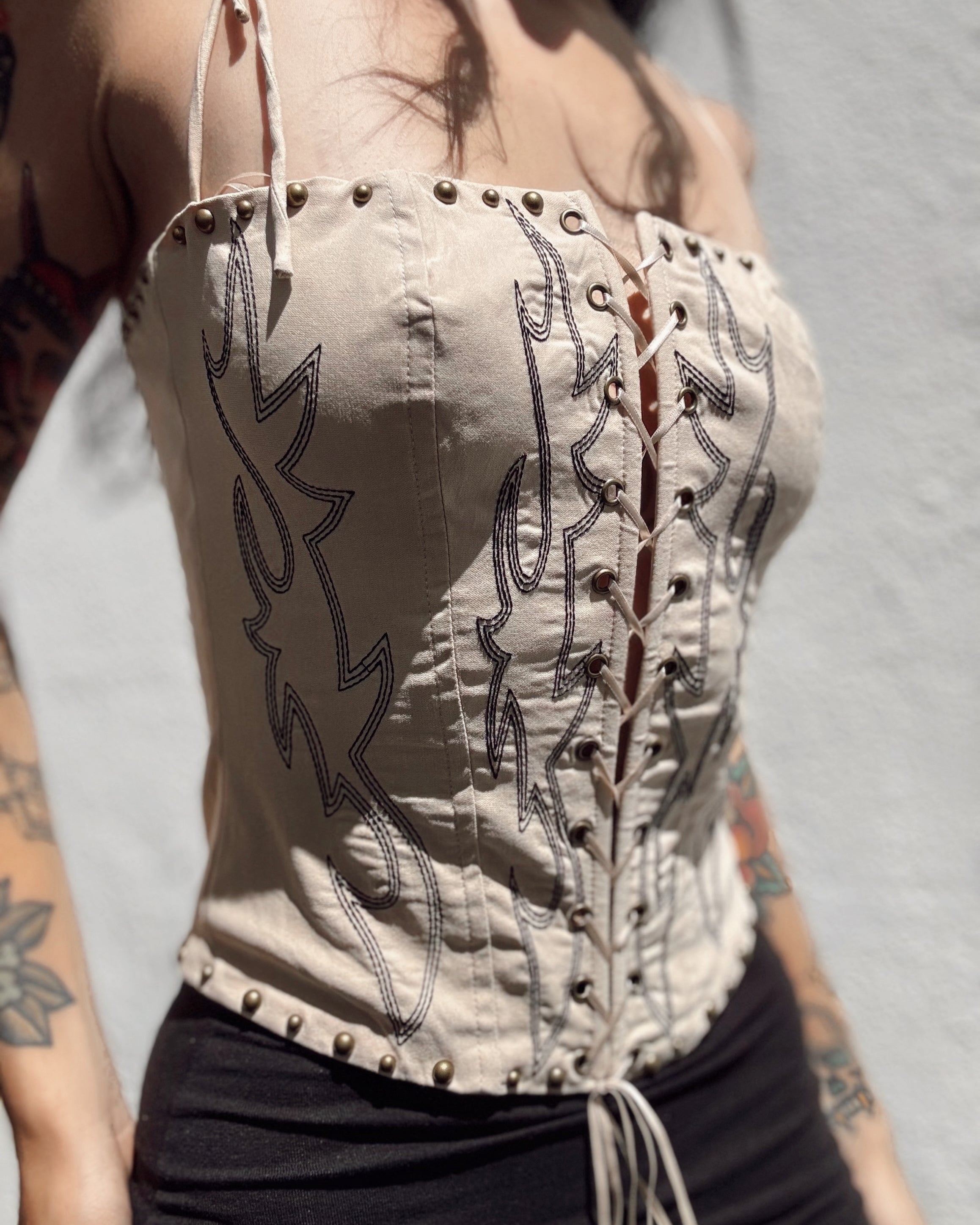 Studded Stitch Corset Top - Cream - Burnout