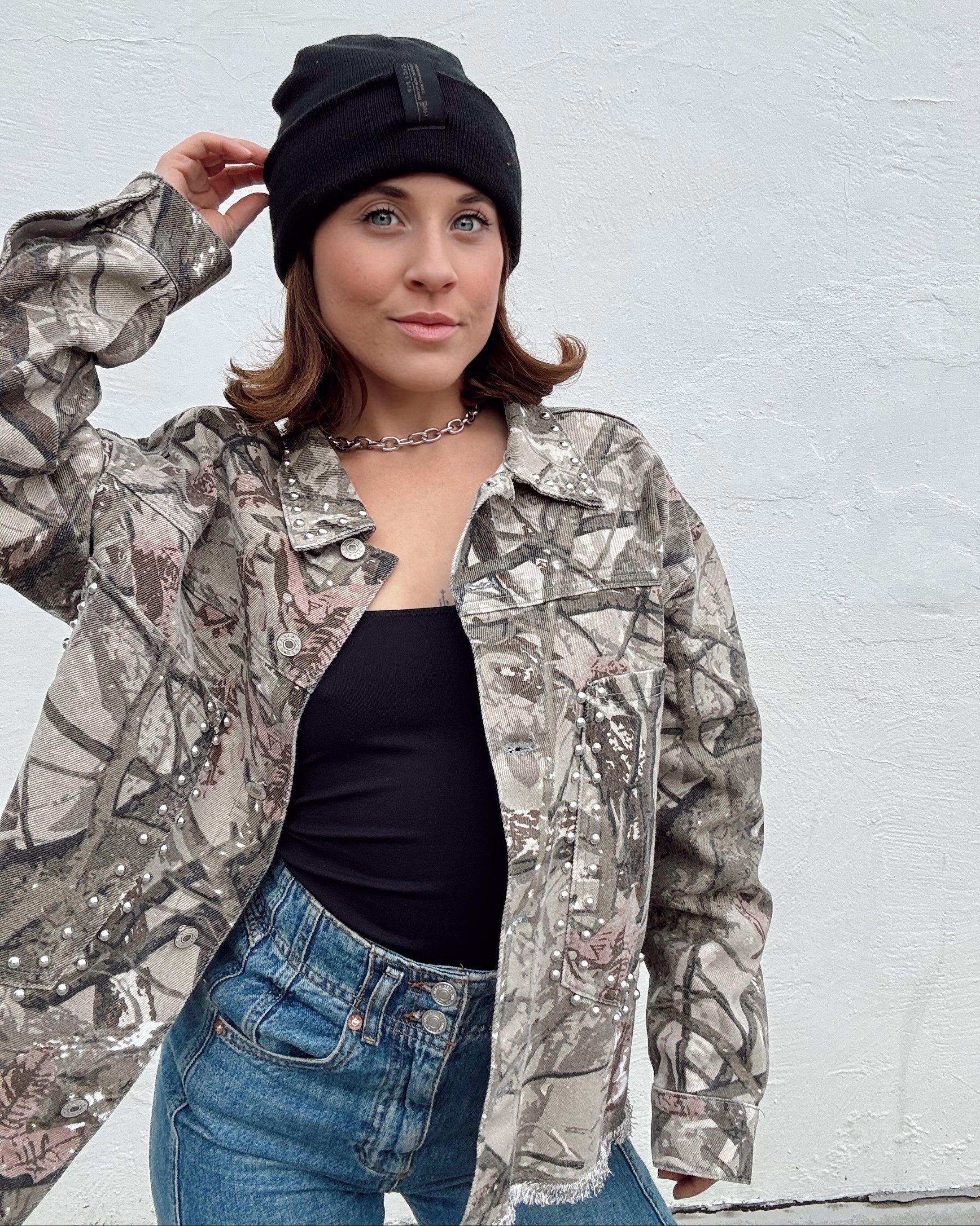 Tree Camo Studded Denim Jacket