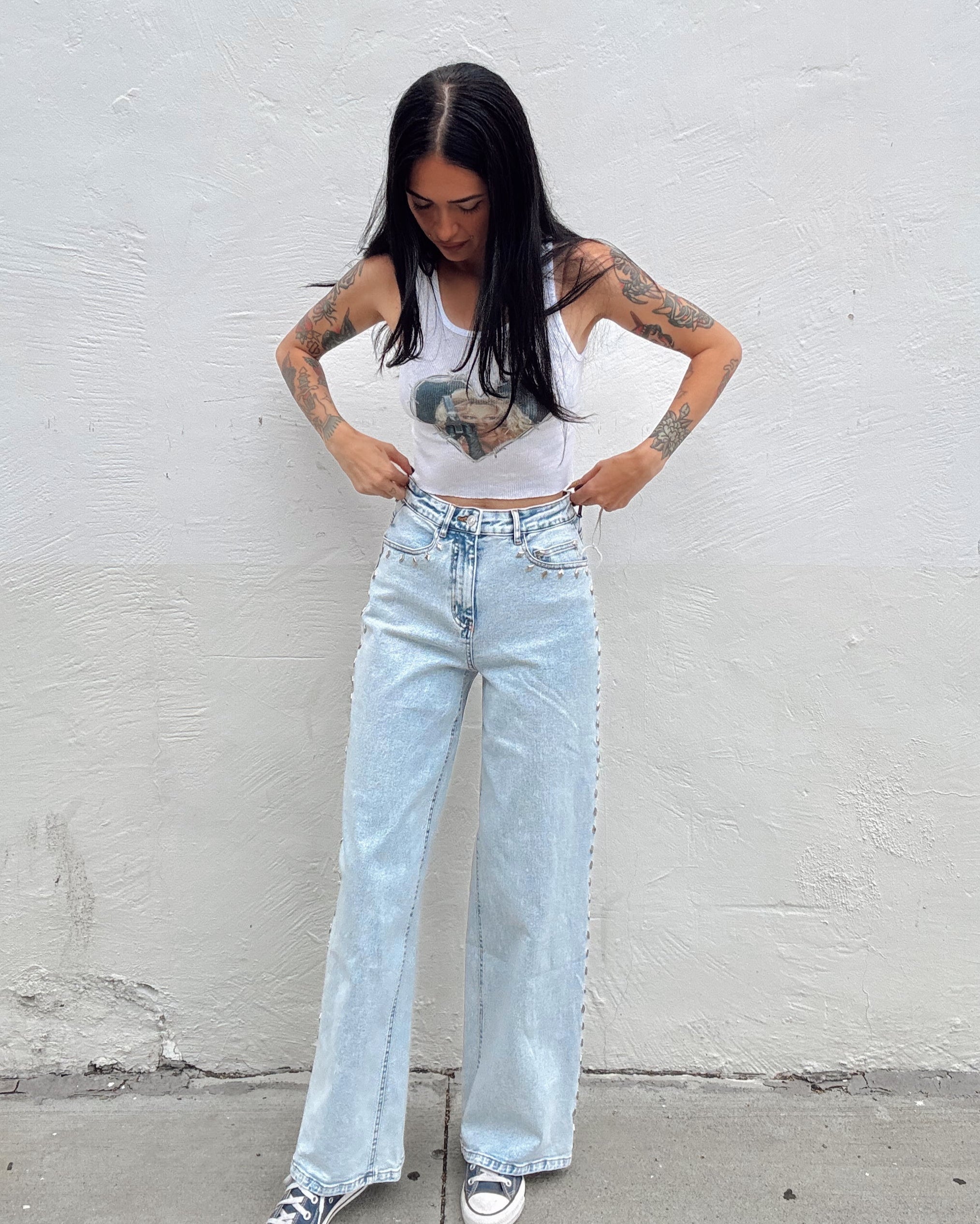 Western Diamond Studded Straight Leg - Burnout