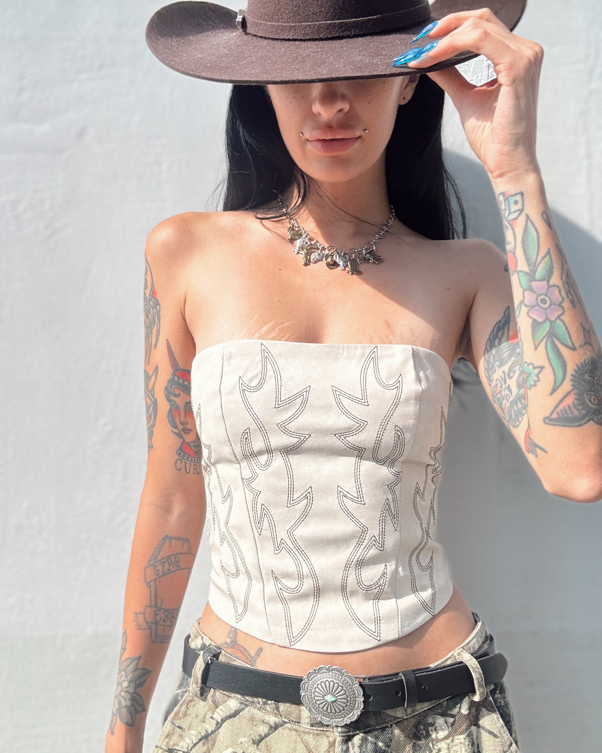 Leather Saddle Stitch Corset Top - Cream - Burnout