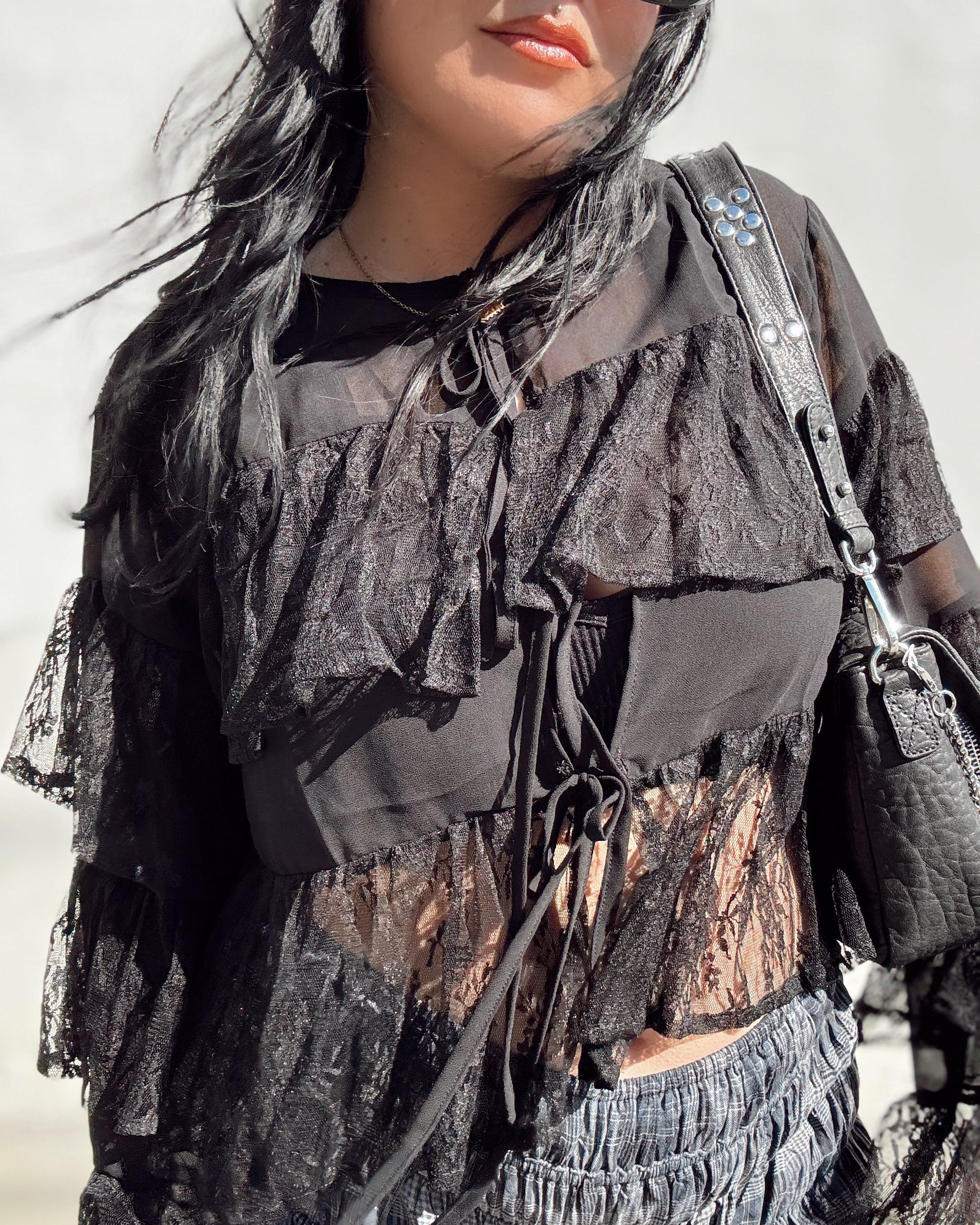 Ruffle Lace Long Sleeve Top - Black