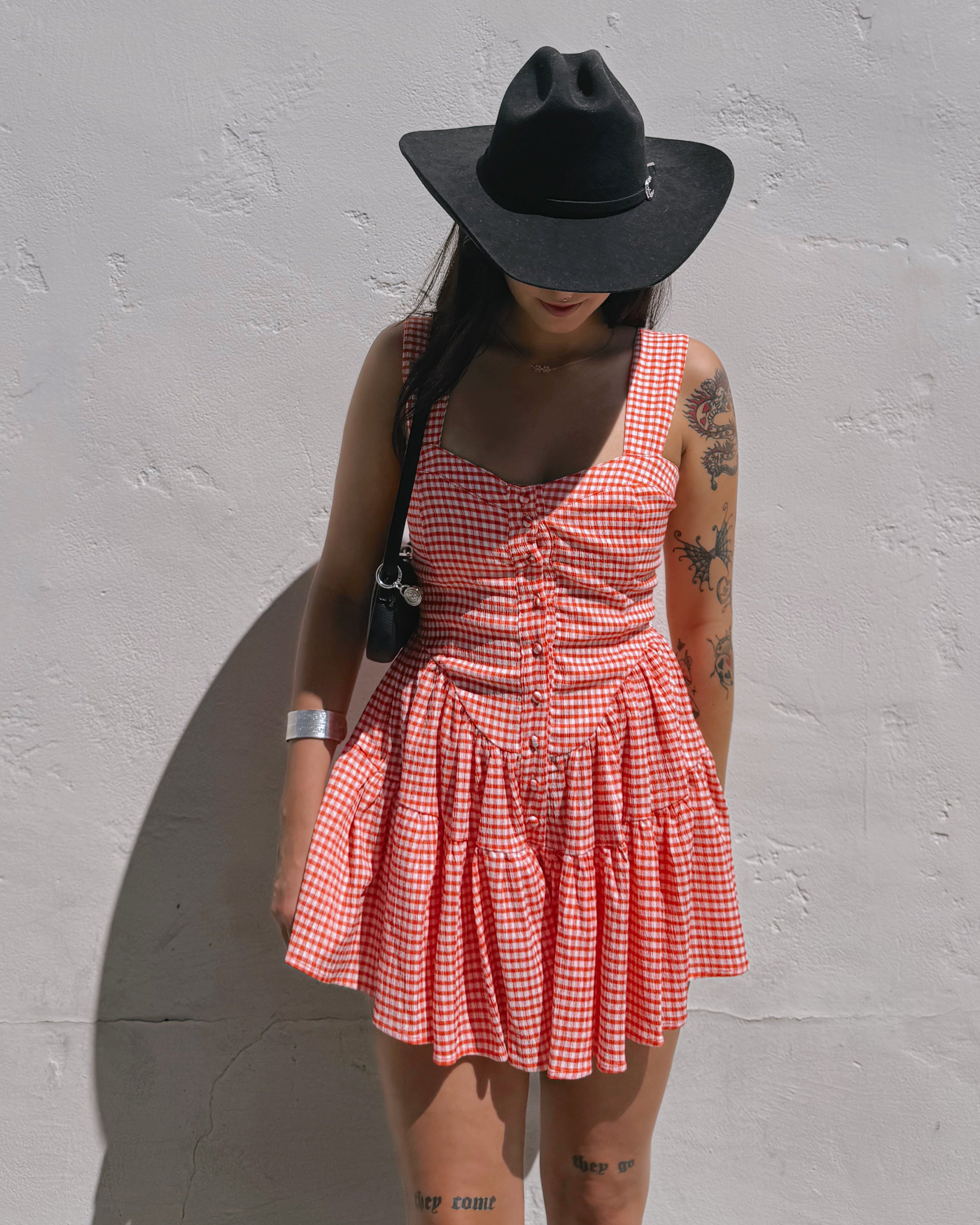 Gingham Romper Dress - Red