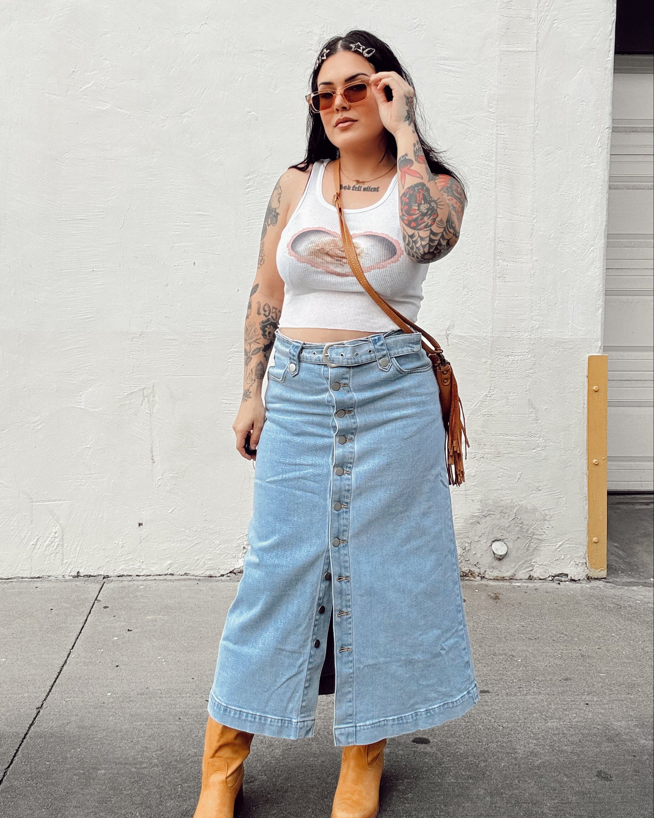 Denim Button Midi Skirt