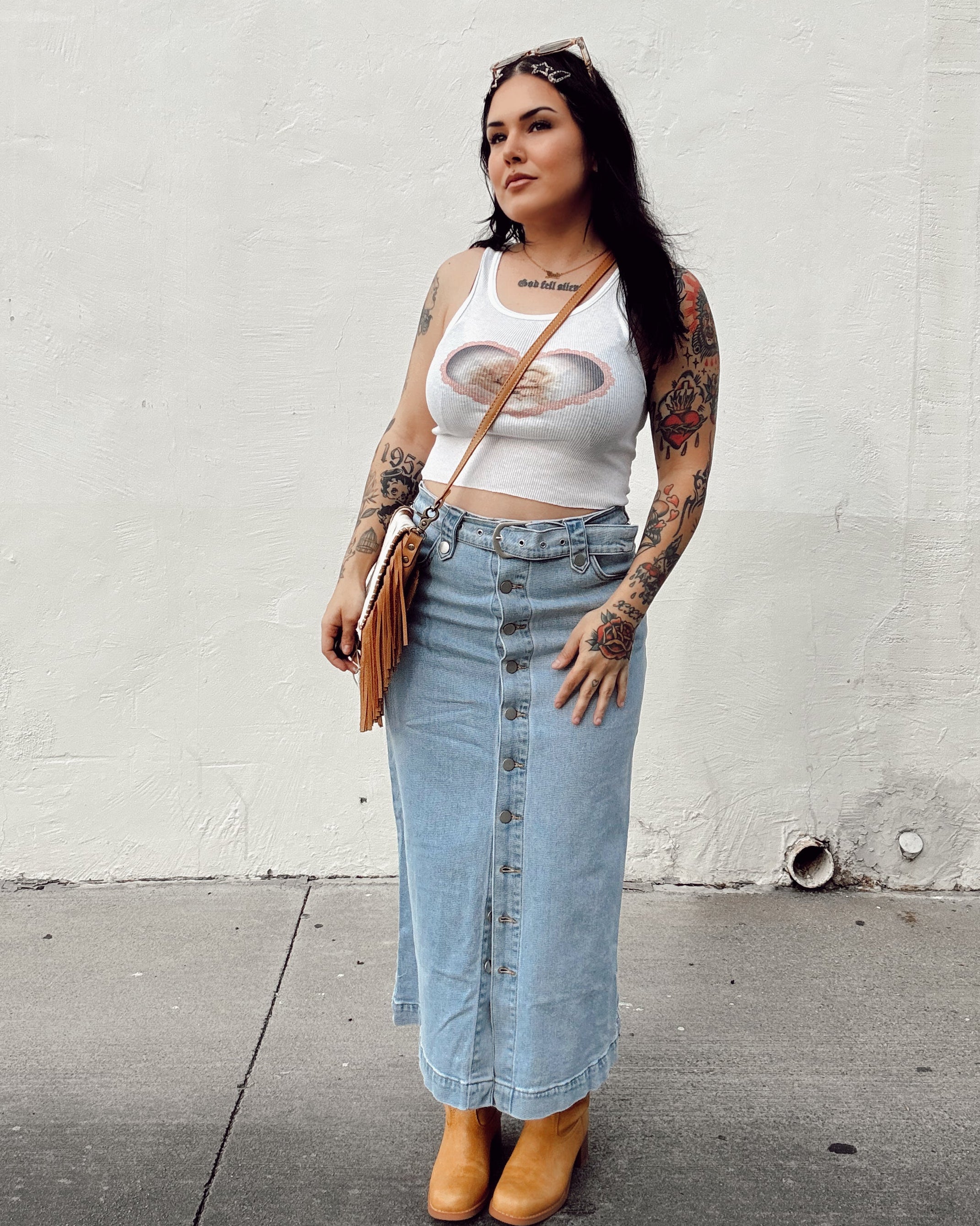 Denim Button Midi Skirt
