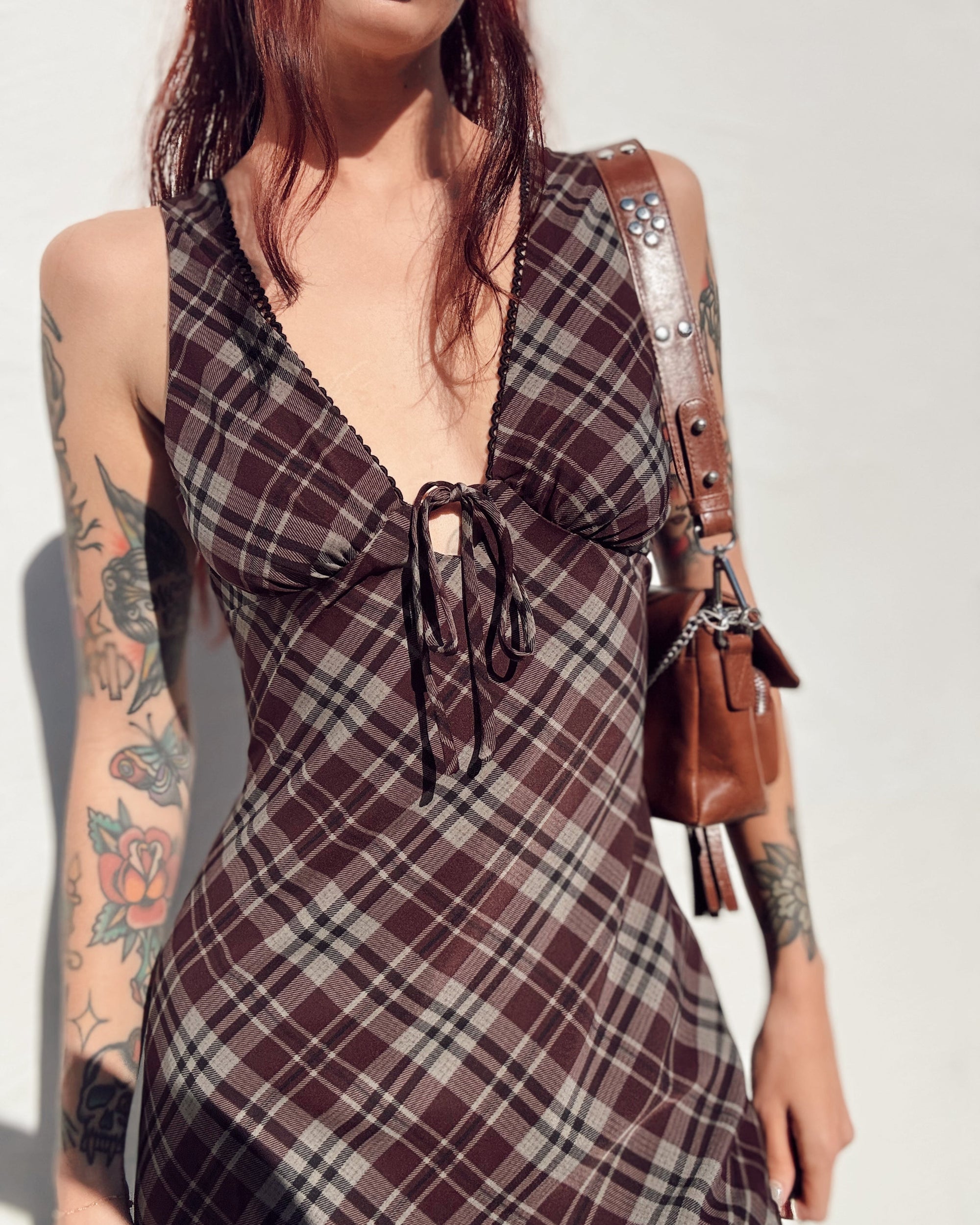 Lace Trim Plaid Midi Dress