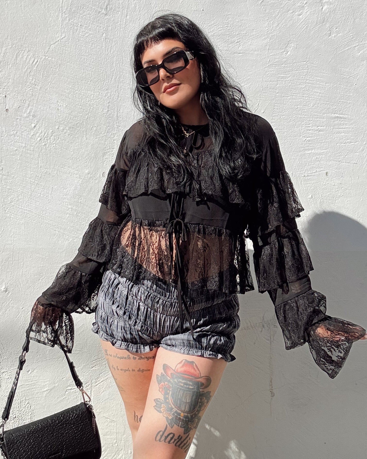 Ruffle Lace Long Sleeve Top - Black