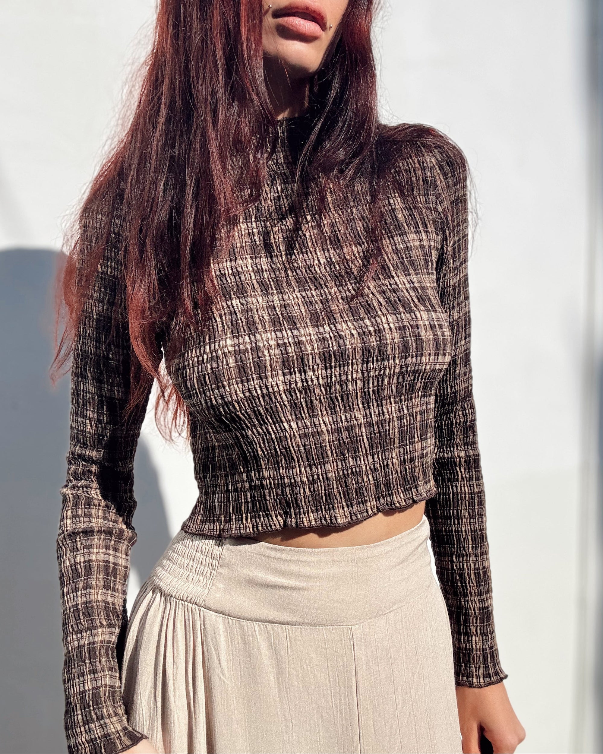 Plaid Smocked Long Sleeve Crop