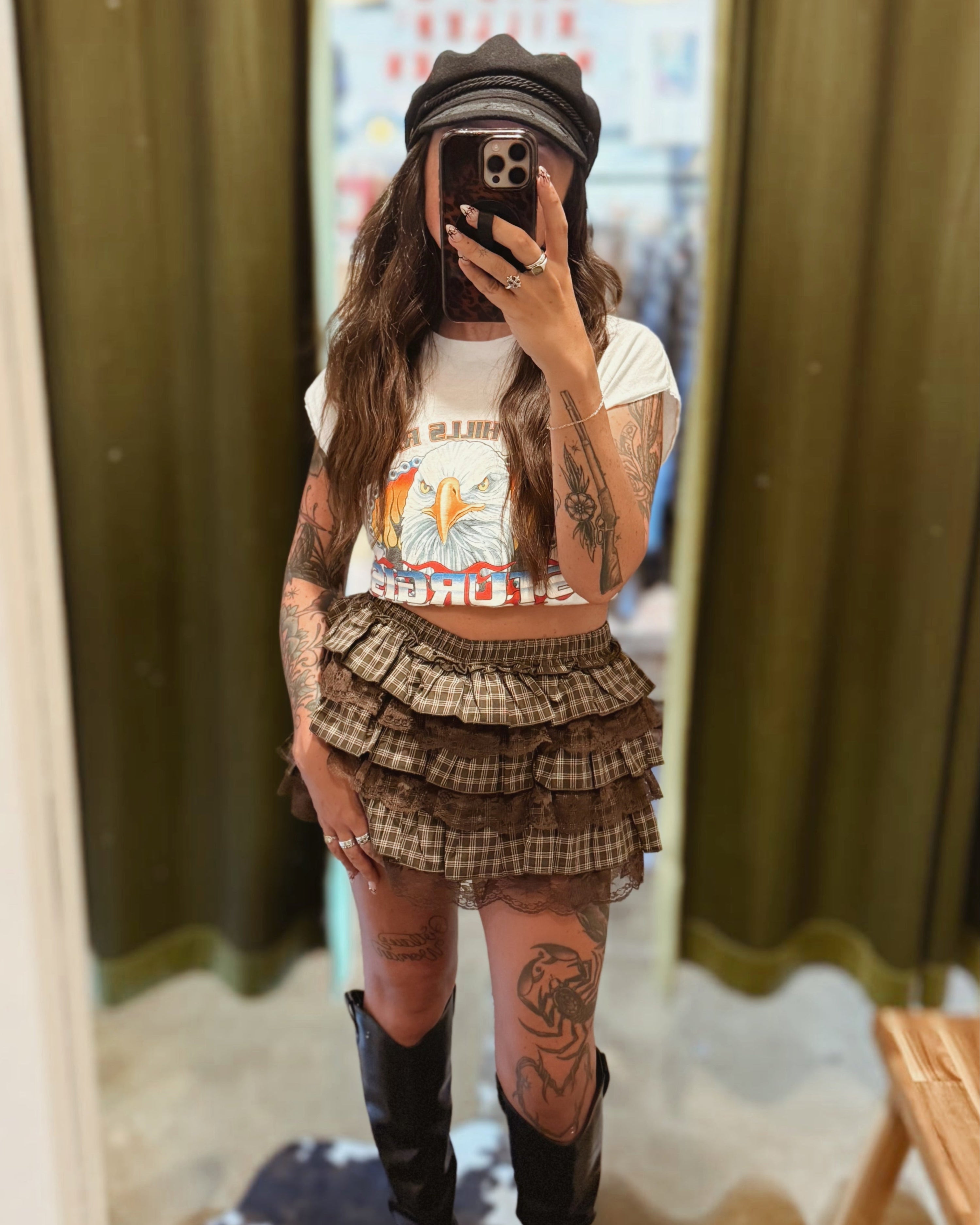 Tiered Ruffle Plaid Mini Skort - Mocha