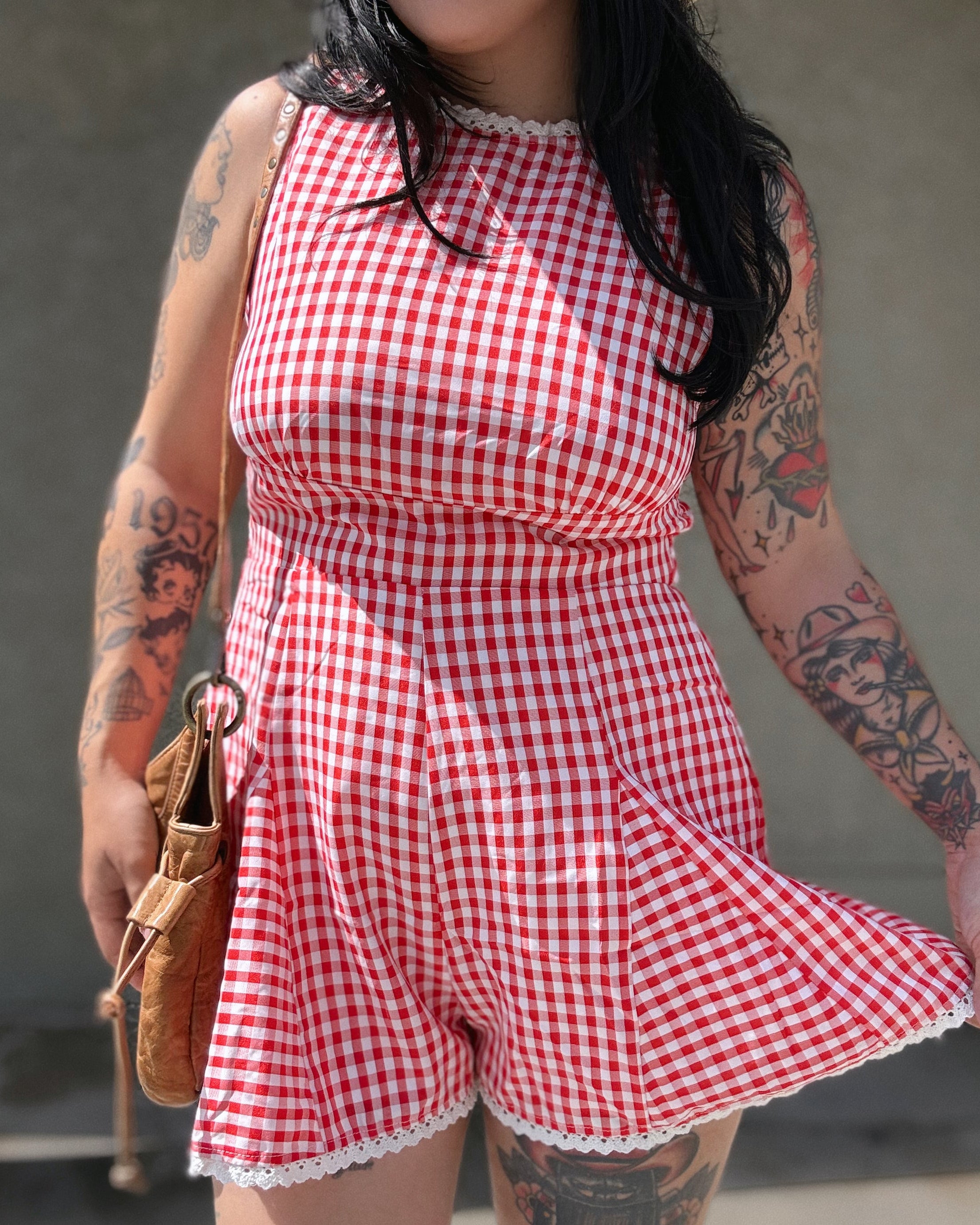 Lace Trim Gingham Romper