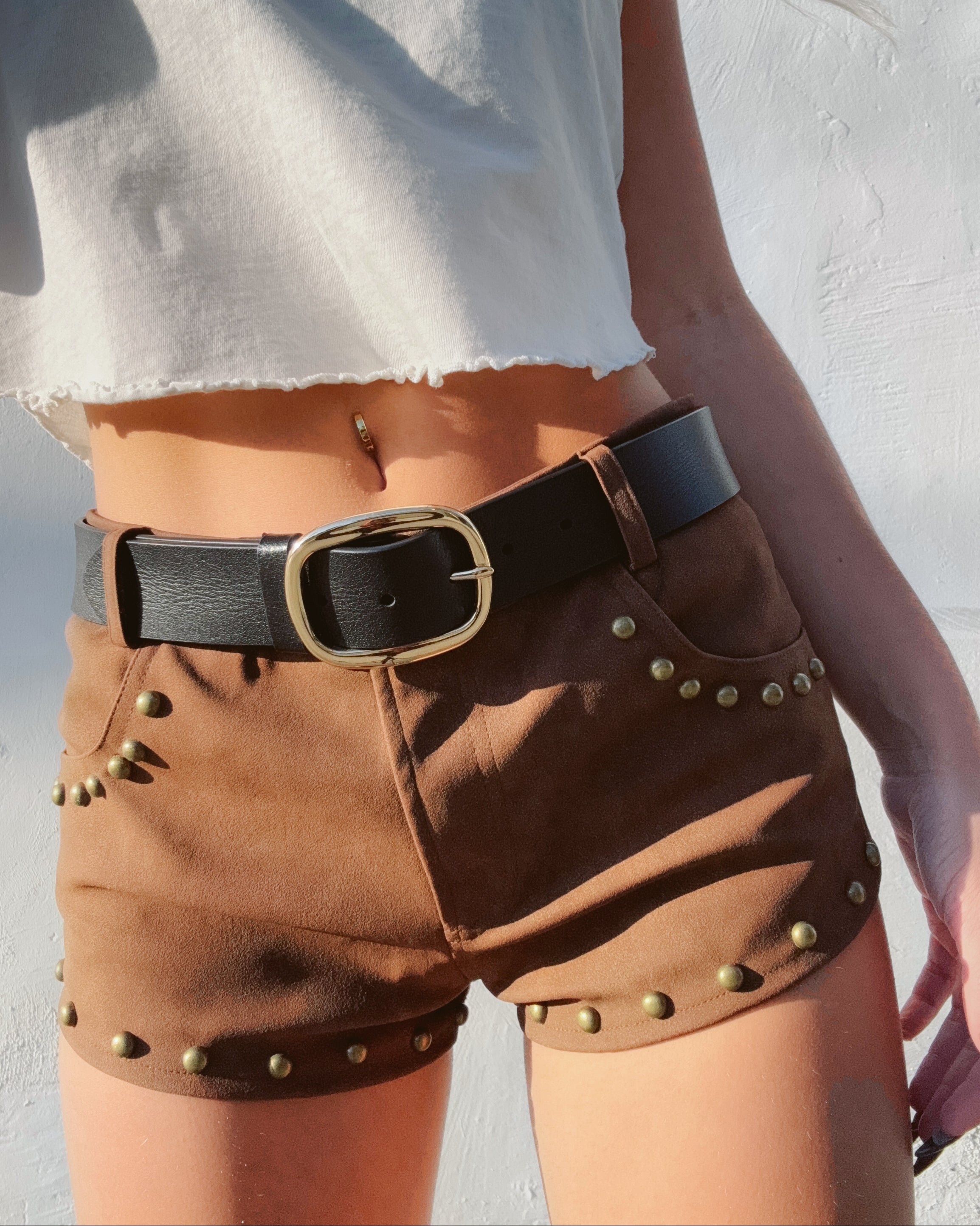 Suede Studded Micro Shorts - Brown