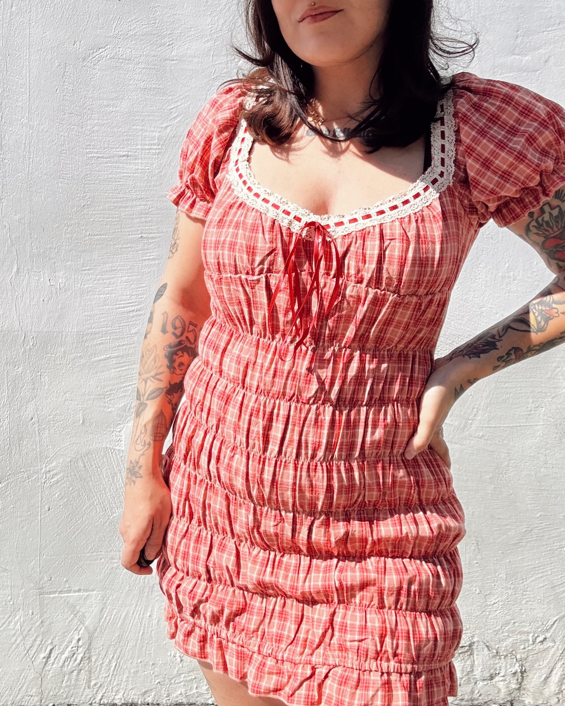 Rouched Plaid Mini Dress - Burnout