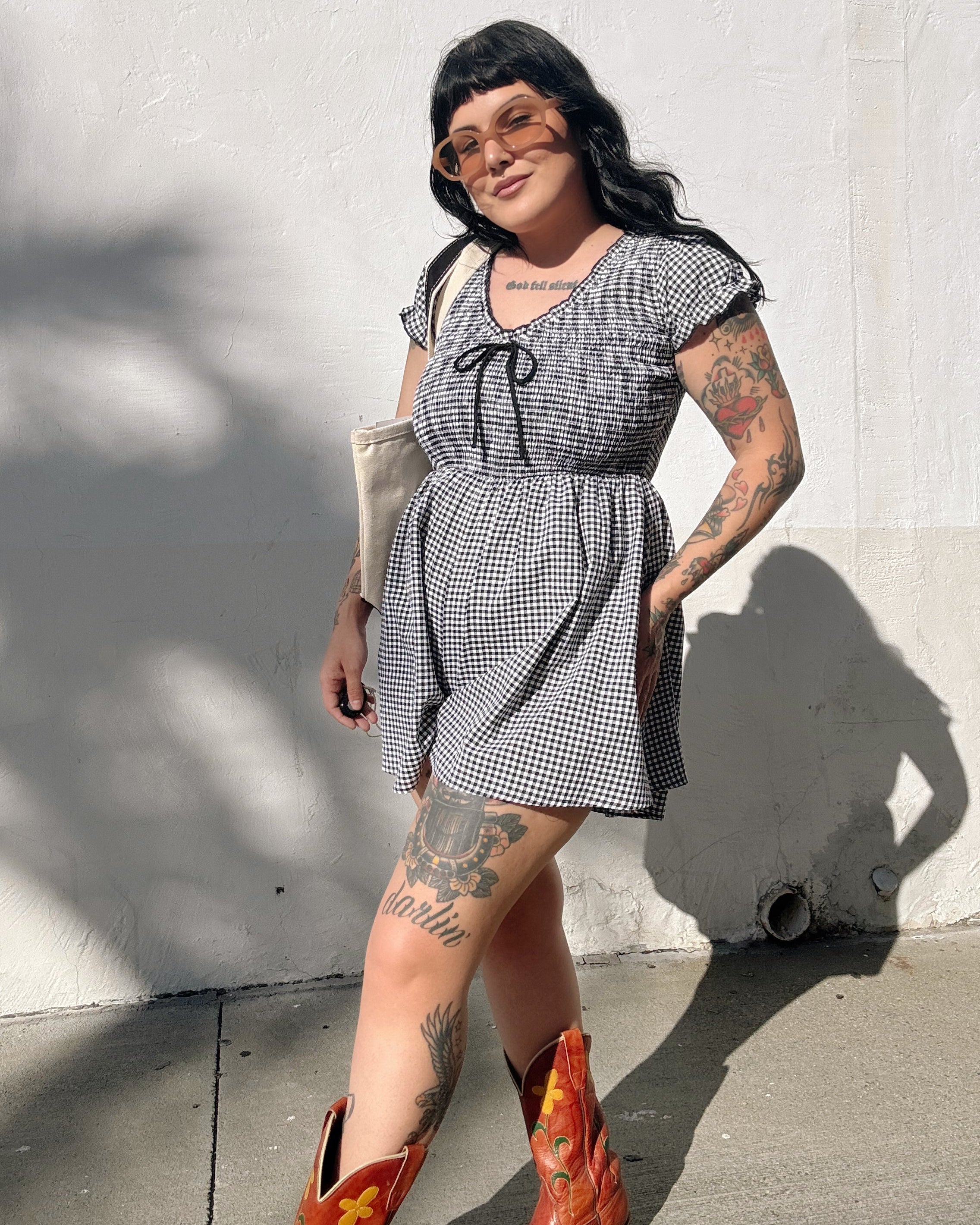 Gingham Shirred Romper - Black