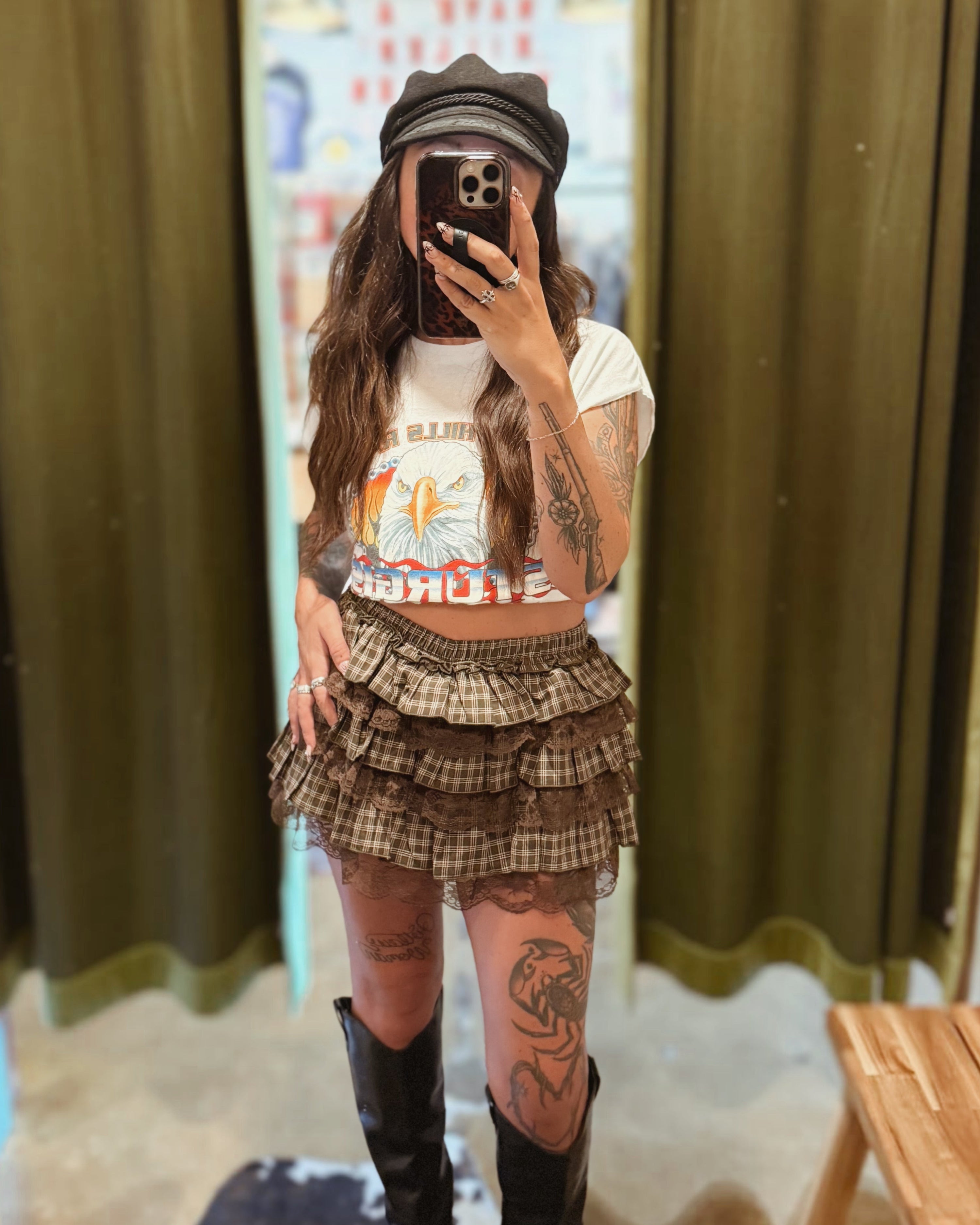 Tiered Ruffle Plaid Mini Skort - Mocha