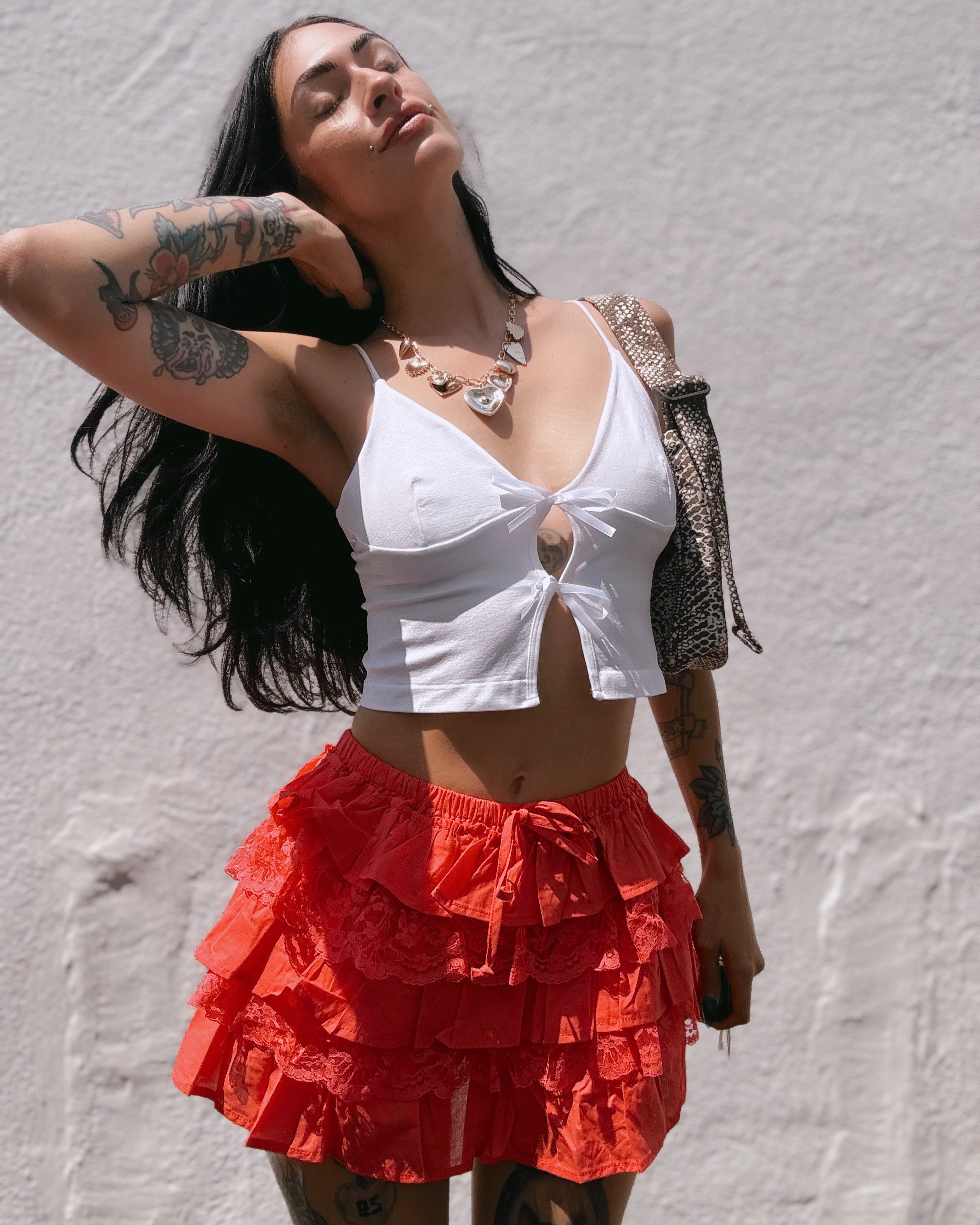 Tiered Ruffle Lace Mini Skort - Tomato - Burnout