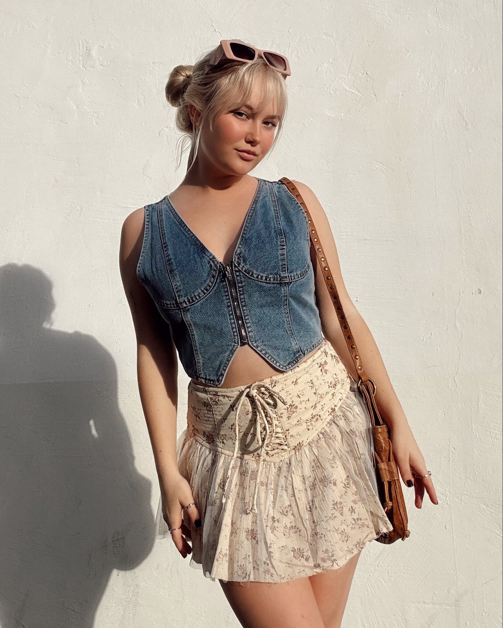 Floral Lace Up Mini Skort - Cream