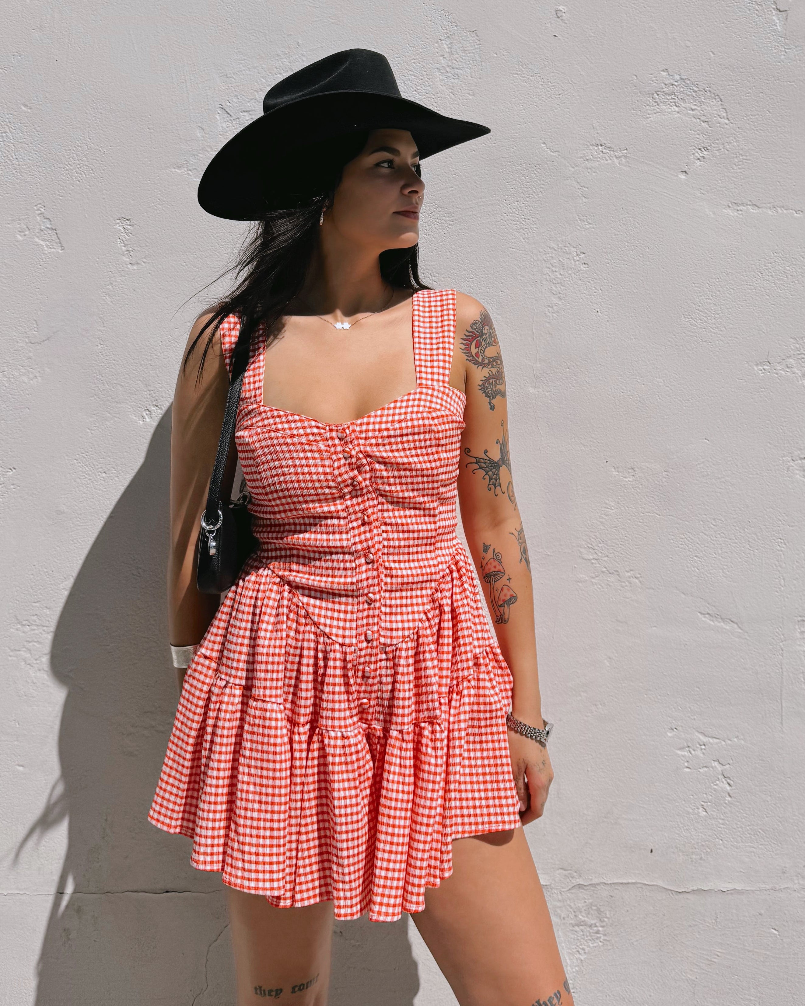 Gingham Romper Dress - Red