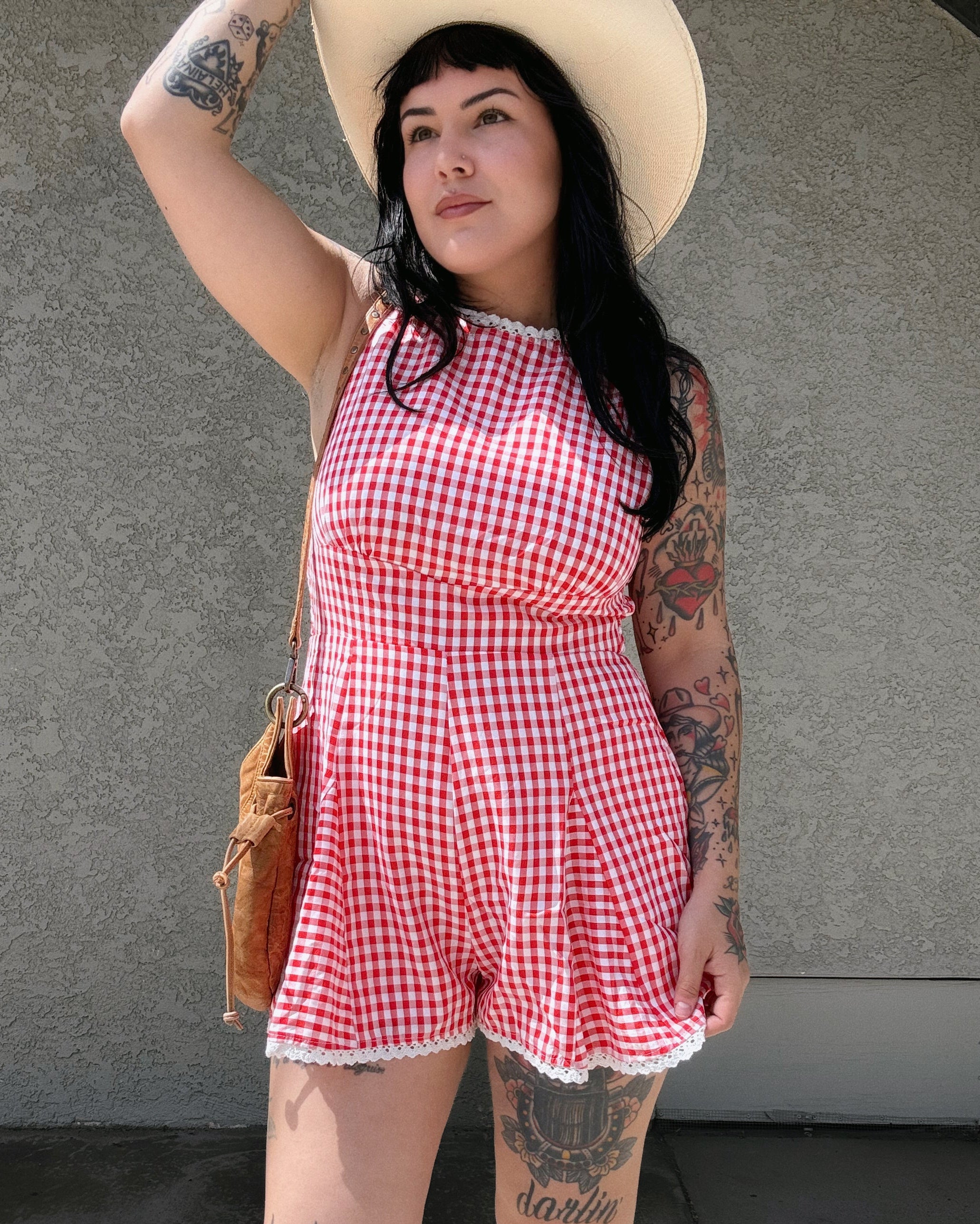 Lace Trim Gingham Romper