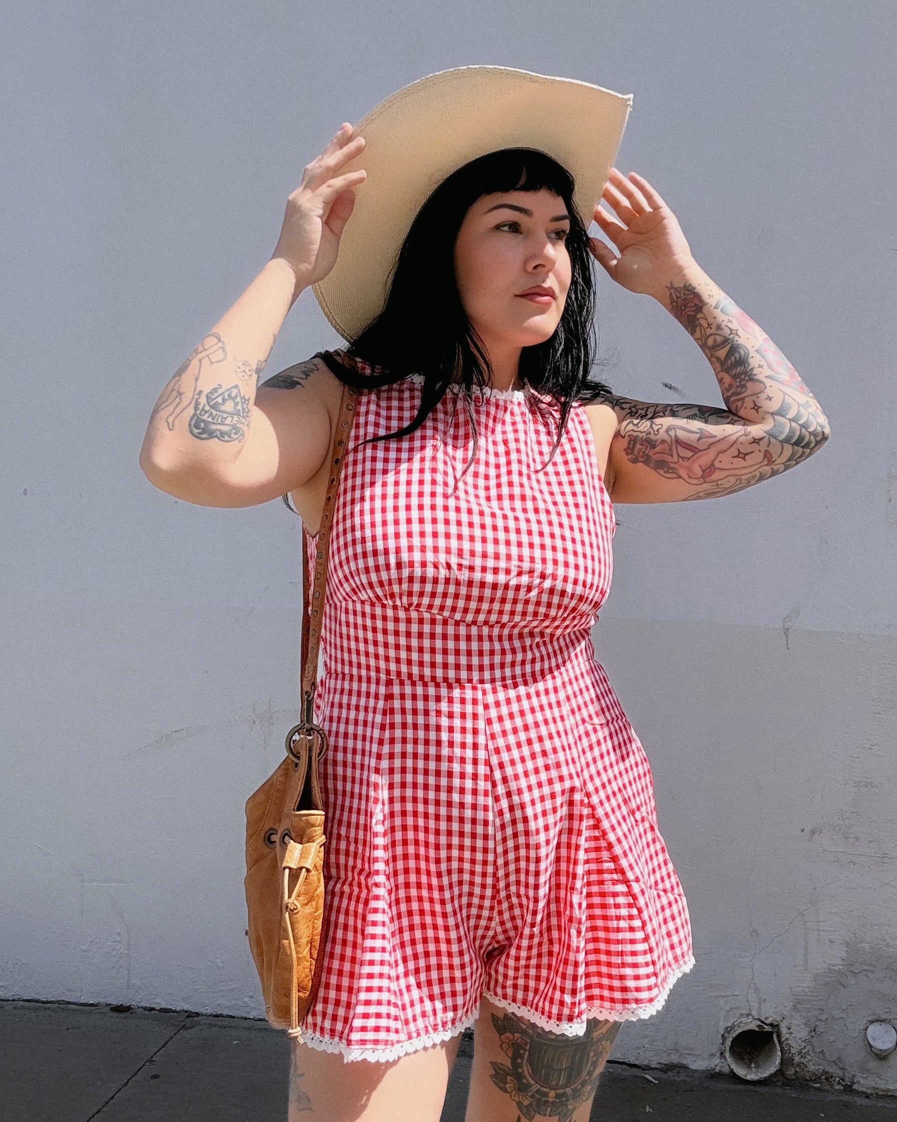 Lace Trim Gingham Romper