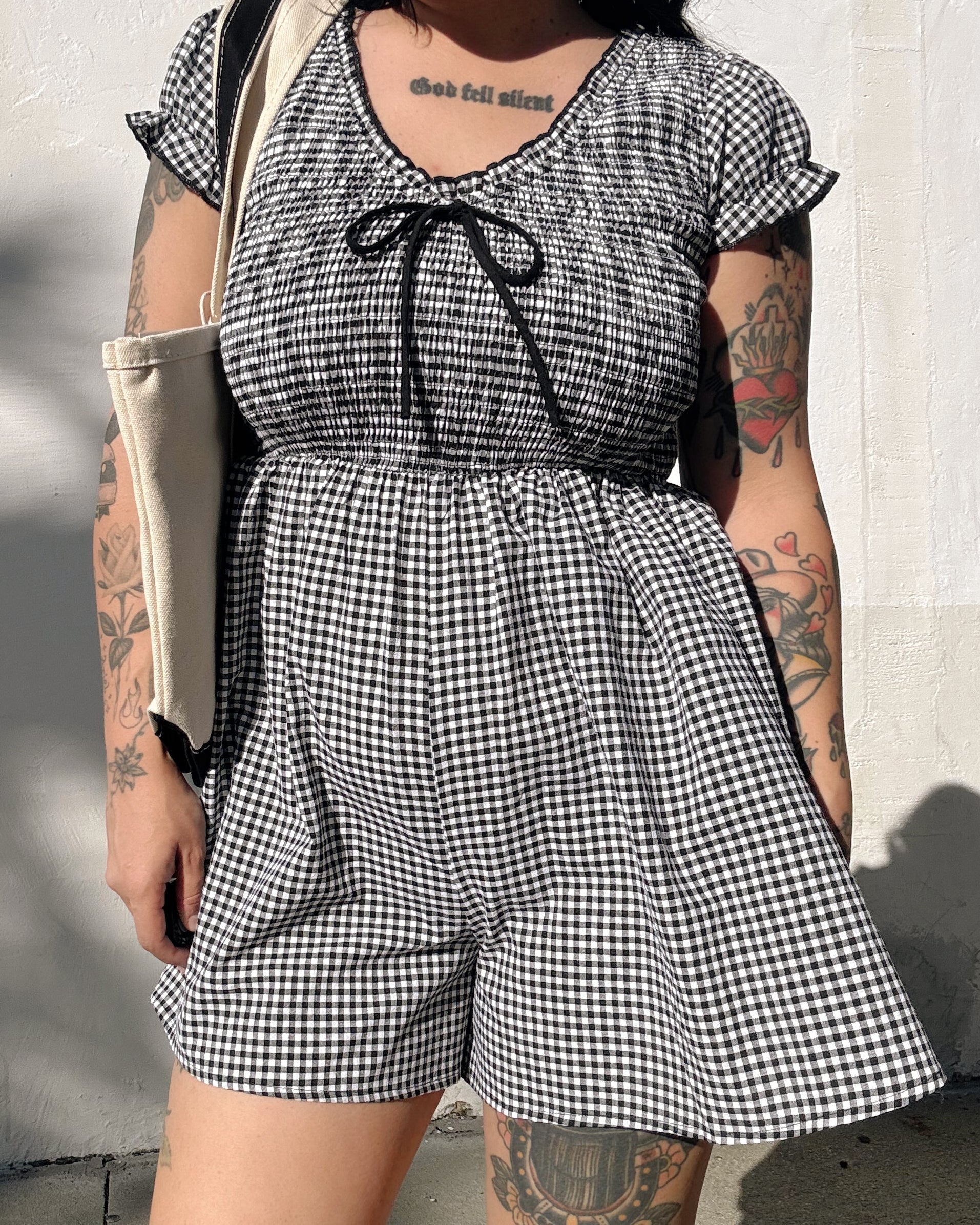 Gingham Shirred Romper - Black