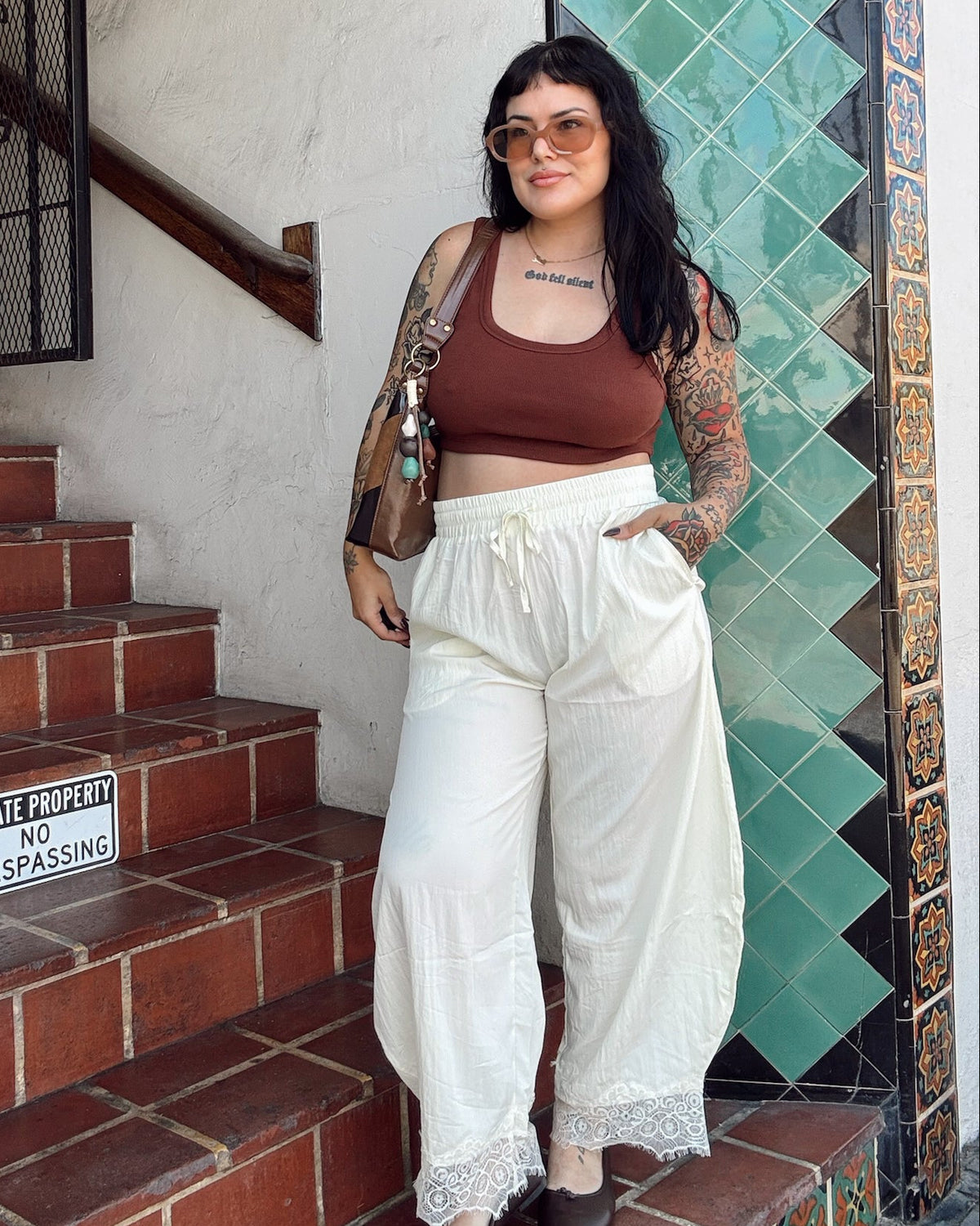 Lace Trim Barrel Pants - Cream