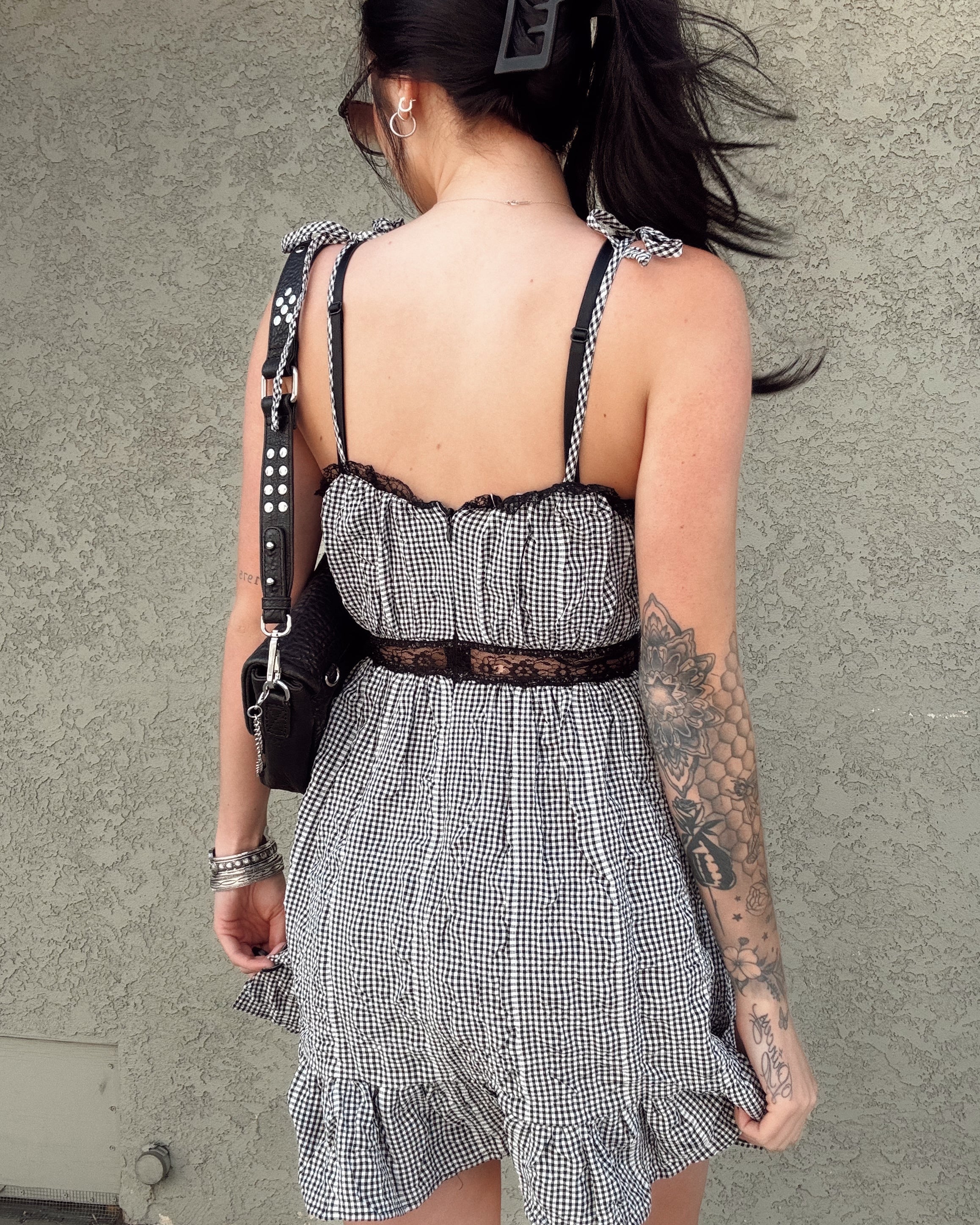 Lace Trim Gingham Mini Dress