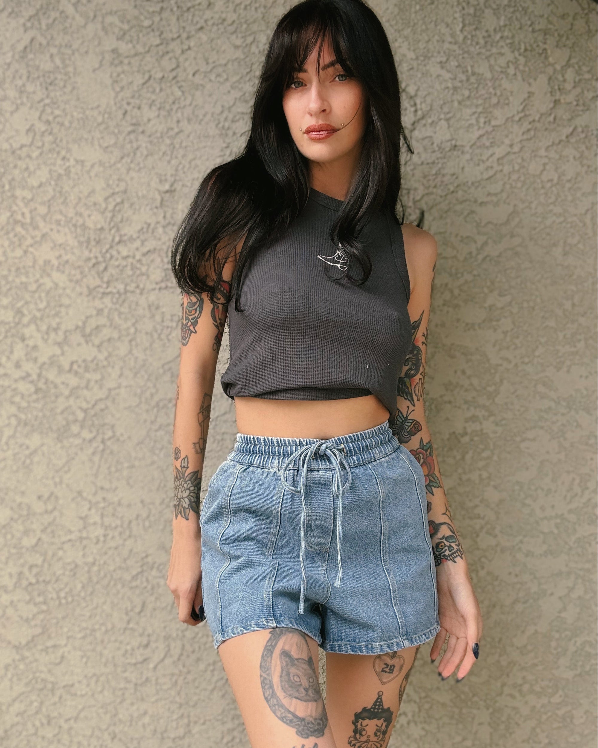 Elastic Waist Denim Shorts