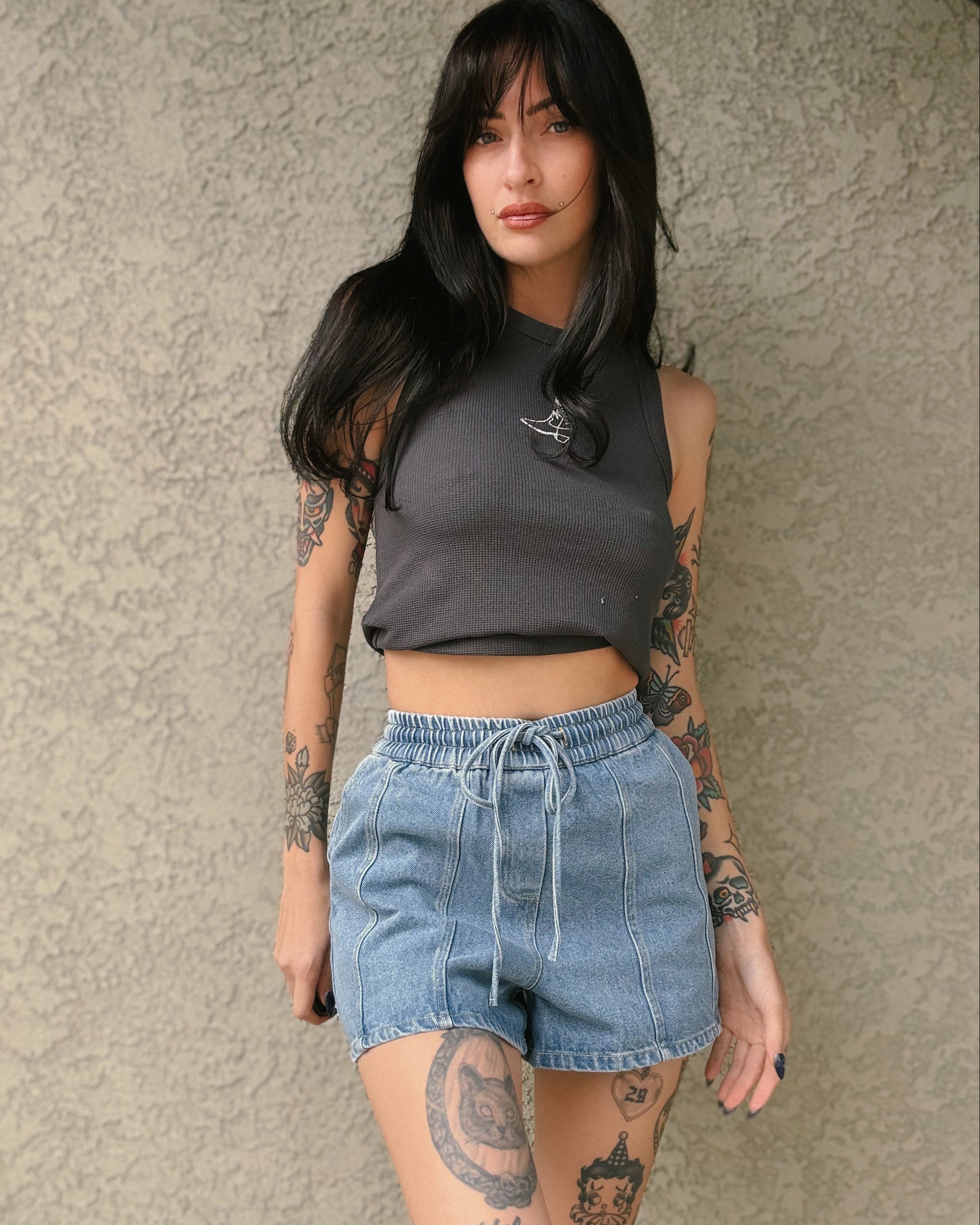 Elastic Waist Denim Shorts