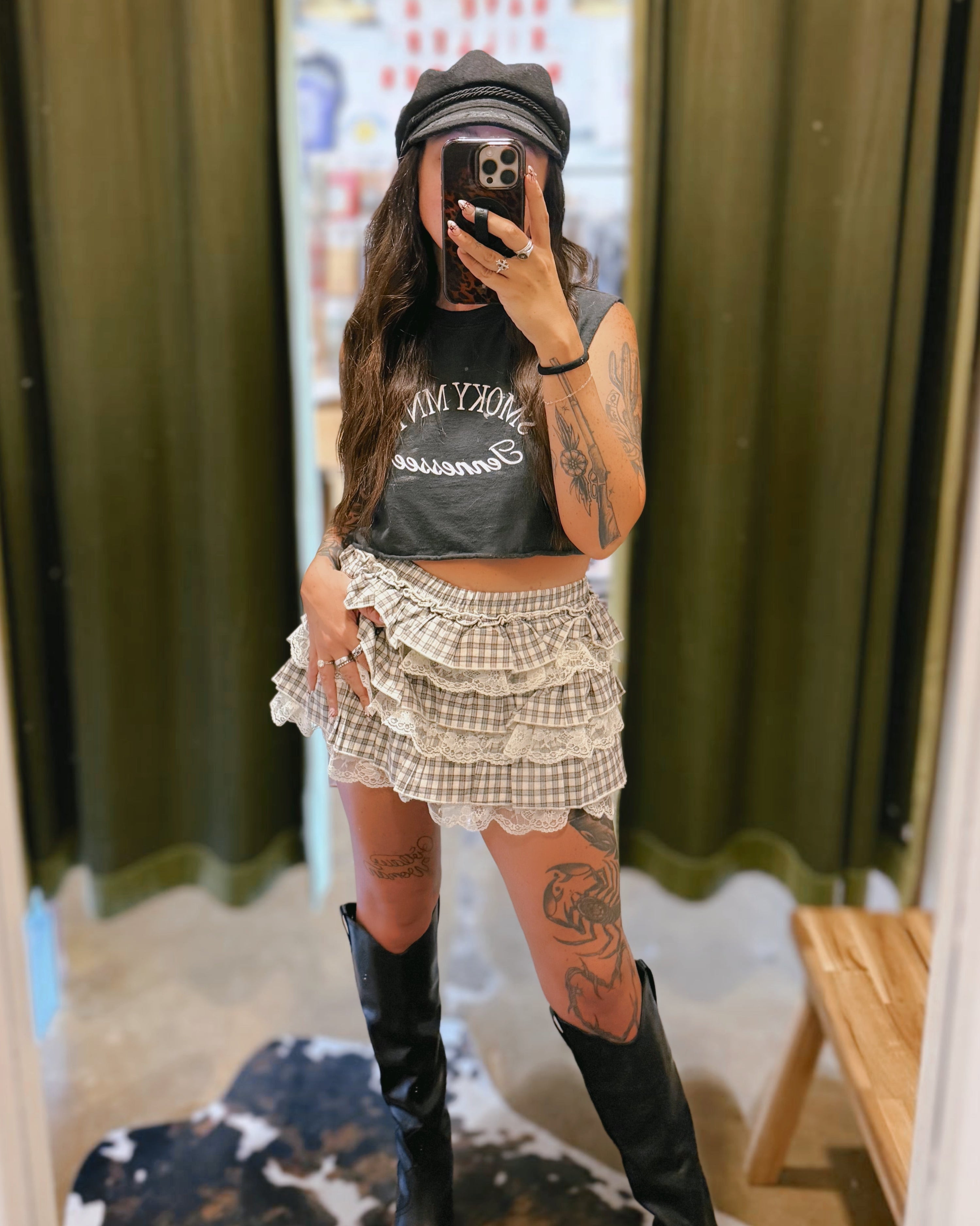 Tiered Ruffle Plaid Mini Skort - Cream