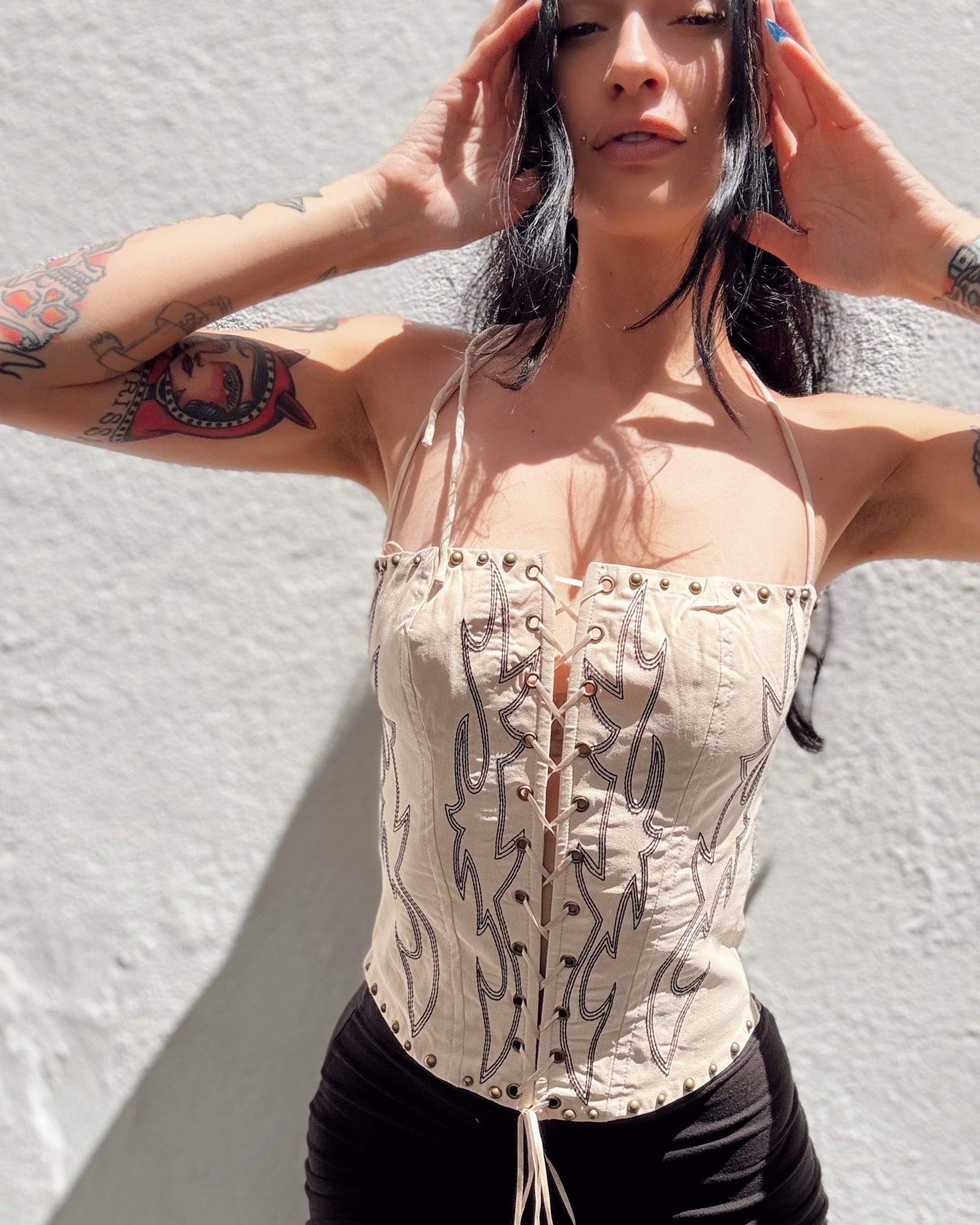 Studded Stitch Corset Top - Cream - Burnout